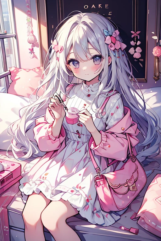 Masterpiece, best quality, super detailed, illustration, beautiful detailed eyes, close up, a girl. It is white hair, pink bow, white pajamas. Squat on the ground and rummage through the clothes basket