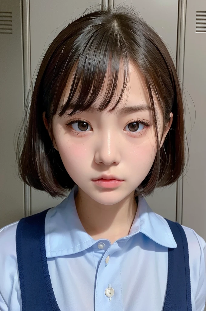 Beautiful schoolgirl staring at camera, short cut, face close-shot, summer clothes, puberty, dusk, frontal, portrait, school