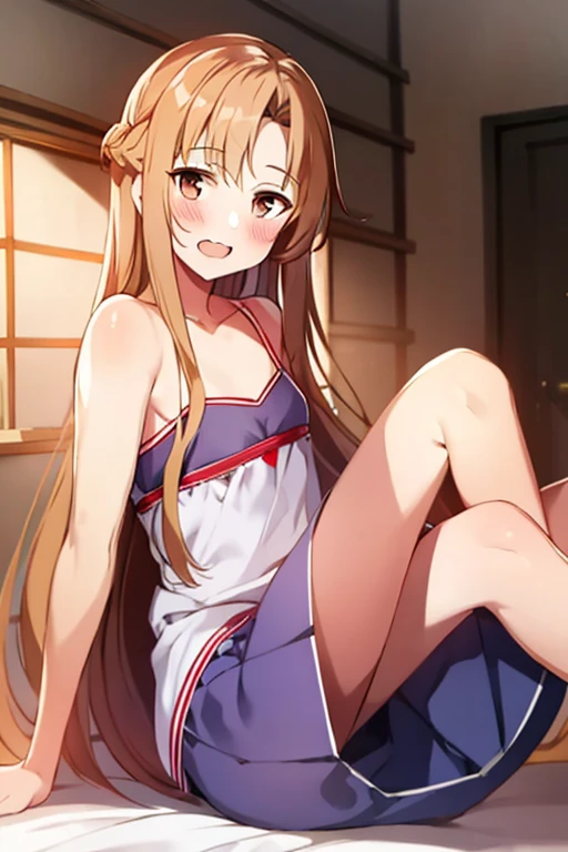 ((Best Quality)), ((masterpiece)), (be familiar with), Perfect Face, indoor, bedroom, Watching the audience,
One woman, Yuuki Asuna,
Open Mouth, Ecstatic expression, blush, smile,
Small breasts, Flat Chest, , , child, Girl,
Long Hair, Long Hair,
Leg spread,