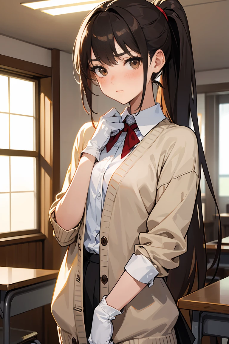 1girl, skirt, purple eyes, plaid, pantyhose, shirt, blush, long hair, twintails, plaid skirt, bow, solo focus, brown hair, collared shirt, white shirt, school uniform, bangs, hair between eyes, cardigan, pleated skirt, 1boy, blue bow, long sleeves, open mouth, low twintails, indoors, brown cardigan, fang, very long hair, plaid bow, grey skirt, bowtie, curtains, cheek pinching, breasts, sleeves past wrists, blonde hair