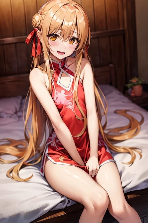 ((Best Quality)), ((masterpiece)), (be familiar with), Perfect Face, indoor, bedroom, Watching the audience,
One woman, Yuuki Asuna,
Open Mouth, Ecstatic expression, blush, smile,
Small breasts, Flat Chest, , , child, Girl,
Long Hair, Long Hair,
Leg spread,