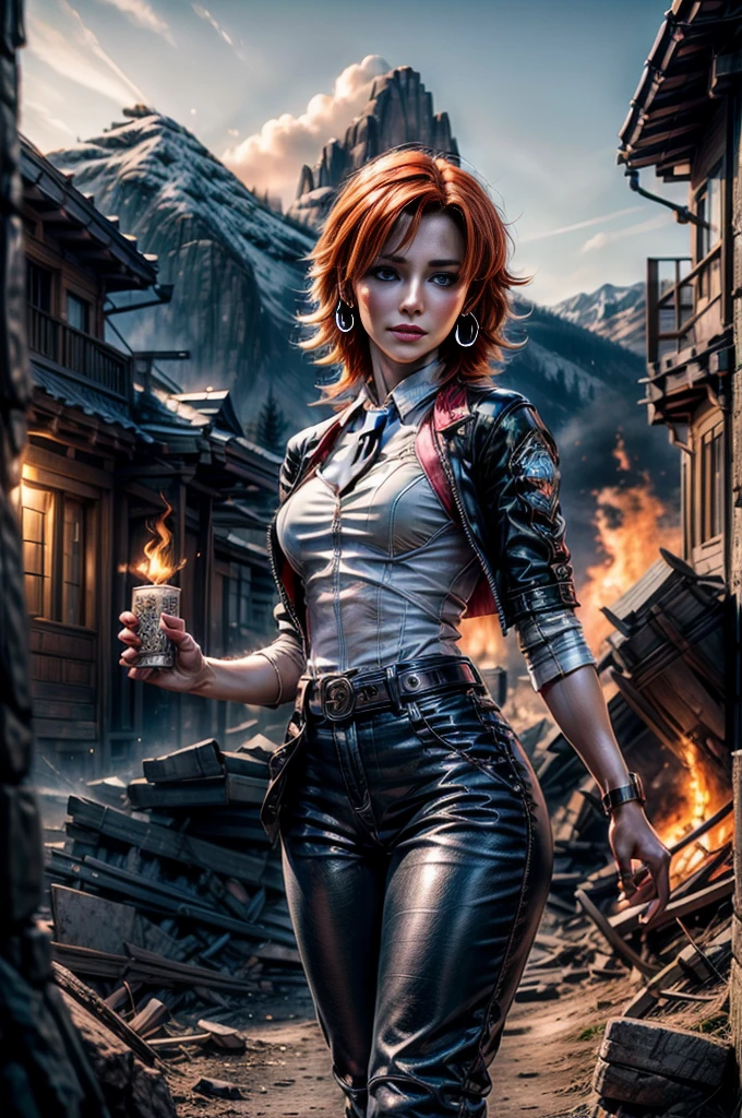 1girl,cowboy shot, beautiful (nora_valkyrie), looking at viewer, smile, lips, short hair, blue eyes, orange hair, hoop earring, black suit, pants, business clothes, black necktie, black nail, night, standing on mountain path, mountains in the background, in the distance a valley with a small town stands in ruins, bonfires blazing, (volumetric lighting), best quality, masterpiece, intricate details, tonemapping, sharp focus, hyper detailed, masterpiece,stunning girlfriend, heart shaped face, elegant face, beautiful face, highly detailed face, highly detailed skin, skin pores, subsurface scattering, realistic pupils, looking at viewer, full lips, detailed background, depth of field, atmospheric perspective, volumetric lighting, sharp focus, absurdres, realistic proportions, good anatomy, (realistic, hyperrealistic:1.4), 16k hdr,