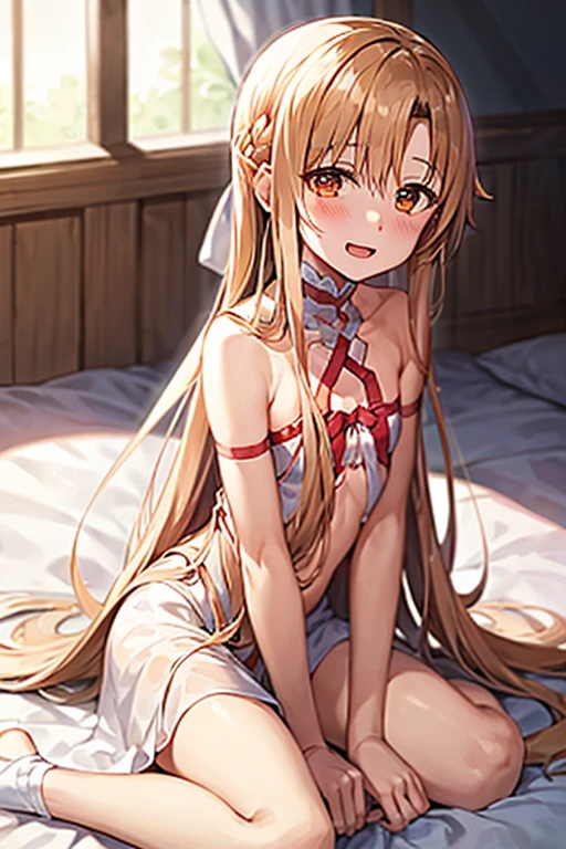 ((Best Quality)), ((masterpiece)), (be familiar with), Perfect Face, indoor, bedroom, Watching the audience,
One woman, Yuuki Asuna,
Open Mouth, Ecstatic expression, blush, smile,
Small breasts, Flat Chest, , , child, Girl,
Long Hair, Long Hair,
Leg spread,