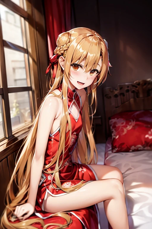 ((Best Quality)), ((masterpiece)), (be familiar with), Perfect Face, indoor, bedroom, Watching the audience,
One woman, Yuuki Asuna,
Open Mouth, Ecstatic expression, blush, smile,
Small breasts, Flat Chest, , , child, Girl,
Long Hair, Long Hair,
Leg spread,