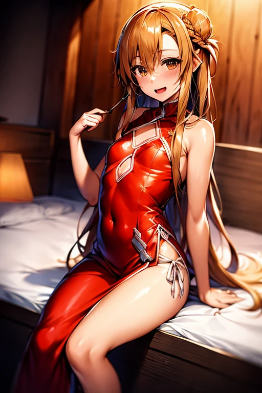 ((Best Quality)), ((masterpiece)), (be familiar with), Perfect Face, indoor, bedroom, Watching the audience,
One woman, Yuuki Asuna,
Open Mouth, Ecstatic expression, blush, smile,
Small breasts, Flat Chest, , , child, Girl,
Long Hair, Long Hair,
Leg spread,