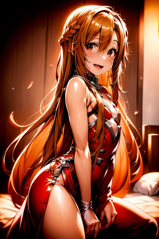 ((Best Quality)), ((masterpiece)), (be familiar with), Perfect Face, indoor, bedroom, Watching the audience,
One woman, Yuuki Asuna,
Open Mouth, Ecstatic expression, blush, smile,
Small breasts, Flat Chest, , , child, Girl,
Long Hair, Long Hair,
Leg spread,