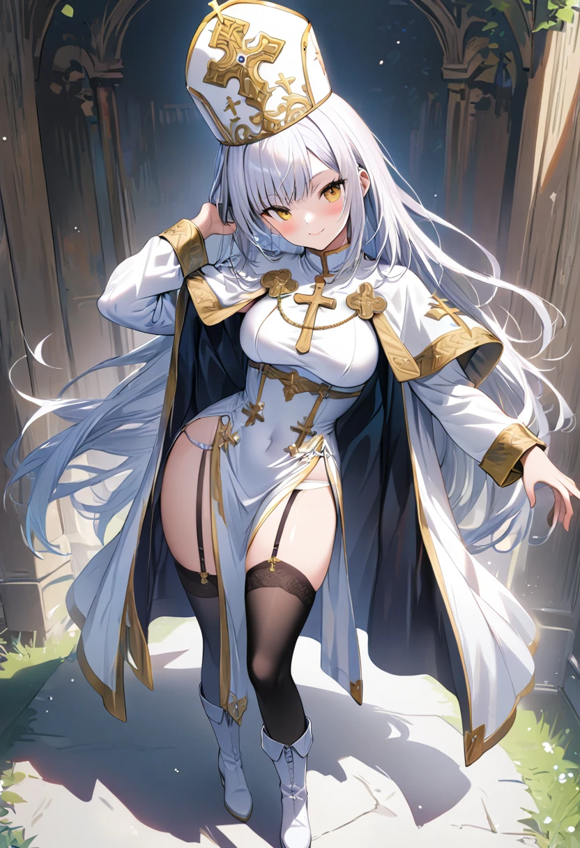 (highest quality)、((Super detailed))、(Ultra delicate)、Cute Pope、、Silver Hair、Beautiful breasts、Beautiful thighs、Gorgeous gold and silver vestments、Fantastic Light、god々しいgod殿