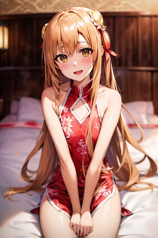 ((Best Quality)), ((masterpiece)), (be familiar with), Perfect Face, indoor, bedroom, Watching the audience,
One woman, Yuuki Asuna,
Open Mouth, Ecstatic expression, blush, smile,
Small breasts, Flat Chest, , , child, Girl,
Long Hair, Long Hair,
Leg spread,