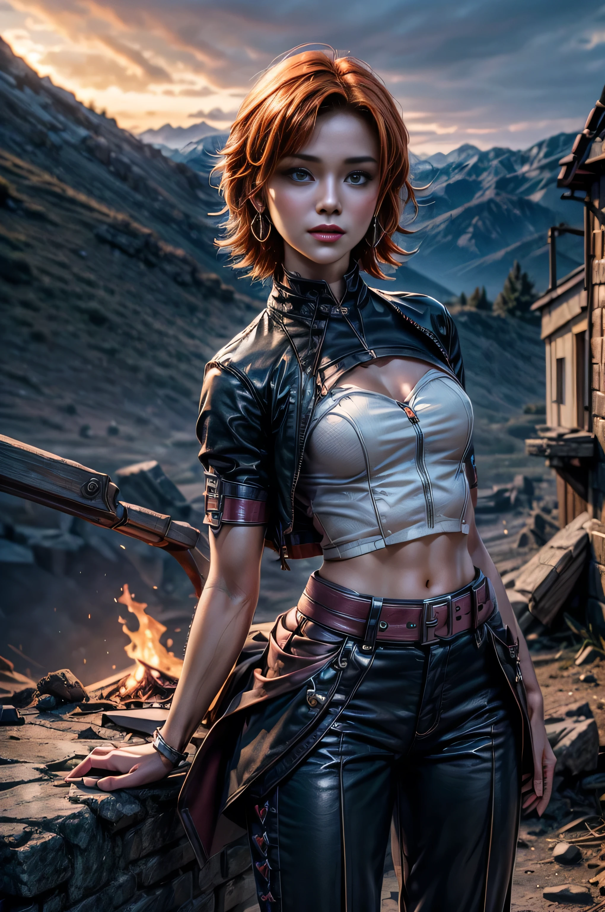1girl,cowboy shot, beautiful (nora_valkyrie), looking at viewer, smile, lips, short hair, blue eyes, orange hair, hoop earring, black suit, pants, business clothes, black necktie, black nail, night, standing on mountain path, mountains in the background, in the distance a valley with a small town stands in ruins, bonfires blazing, (volumetric lighting), best quality, masterpiece, intricate details, tonemapping, sharp focus, hyper detailed, masterpiece,stunning girlfriend, heart shaped face, elegant face, beautiful face, highly detailed face, highly detailed skin, skin pores, subsurface scattering, realistic pupils, looking at viewer, full lips, detailed background, depth of field, atmospheric perspective, volumetric lighting, sharp focus, absurdres, realistic proportions, good anatomy, (realistic, hyperrealistic:1.4), 16k hdr,