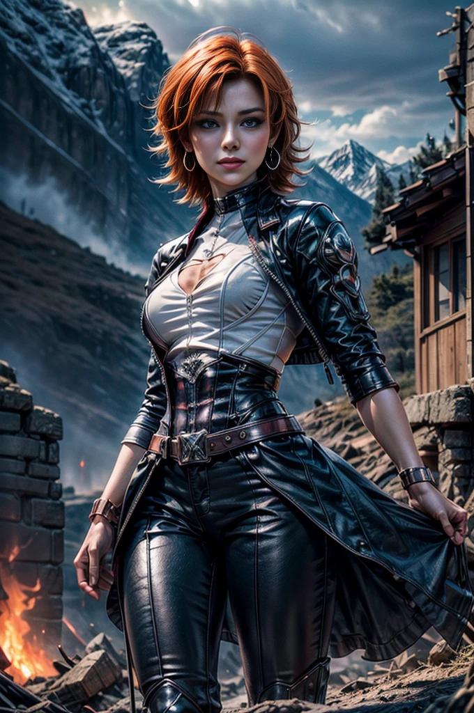 1girl,cowboy shot, beautiful (nora_valkyrie), looking at viewer, smile, lips, short hair, blue eyes, orange hair, hoop earring, black suit, pants, business clothes, black necktie, black nail, night, standing on mountain path, mountains in the background, in the distance a valley with a small town stands in ruins, bonfires blazing, (volumetric lighting), best quality, masterpiece, intricate details, tonemapping, sharp focus, hyper detailed, masterpiece,stunning girlfriend, heart shaped face, elegant face, beautiful face, highly detailed face, highly detailed skin, skin pores, subsurface scattering, realistic pupils, looking at viewer, full lips, detailed background, depth of field, atmospheric perspective, volumetric lighting, sharp focus, absurdres, realistic proportions, good anatomy, (realistic, hyperrealistic:1.4), 16k hdr,