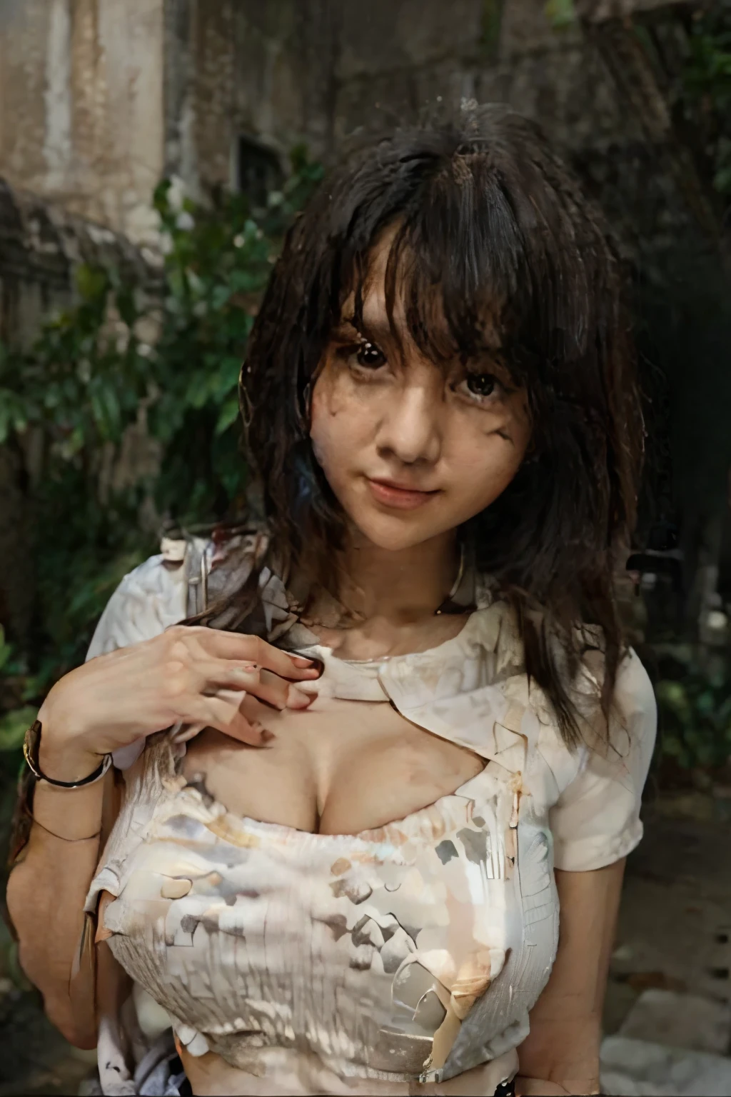 Urban beautiful girl college student, masterpiece, light makeup, red lips, silver hair, messy long hair, street background, beautiful, elegant. super fine details, master works, authentic texture, cinematic lighting realism, perfect job, 16K, hd, exquisite features,blue eyes、japanese idol、Beautiful Face、cute smile、brown hair、beautiful hair、ponytail、glamorous、 big breasts、erect nipples、Oily muscle、shiny skin、tanned skin、Black glowing skin、Sexy knitted sweaters, bright big eyes, smooth skin, earrings, necklace, tattoo, facial