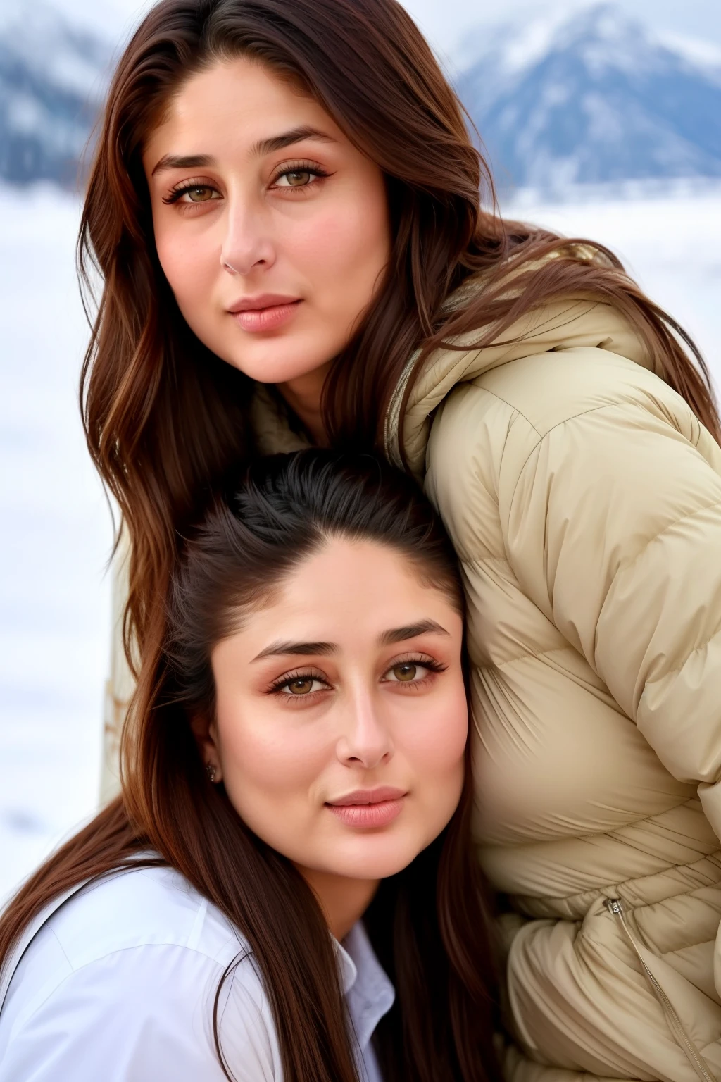 Young Kareena Kapoor and her boyfriend, a 20-year-old handsome imperial beard young boy, hug each other tightly 
He stands behind her and kissing  her large milky fat breasts.  
Her skin is very white fair and her cheeks are rosy
They laugh a lot. 
A very big snow rain
kareena is Very fat body
They're wearing winter costumes 
They're in ship at arctic ocean 
Couple portrait photo 
Closeup upper 
For Hollywood movie poster
High Resolution, Very Long Hair, Wavy Hair, Swept Bangs, Large breasts, 