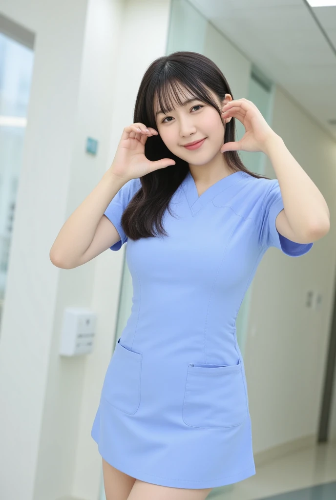 Full-body photo of a stunning Japanese nurse backlit by soft light. She stands in a modern hospital room making a cheekheart, exuding warmth and kindness. She is wearing wearing a fitted nurse uniform. Her beautiful face, with delicate features and fair skin, beams at the viewer. Her black hair falls down her back like silk, framing her slim hourglass figure. Medium breasts are perfectly proportioned to her slender physique. Her gaze meets ours, inviting us into her world of care and compassion.