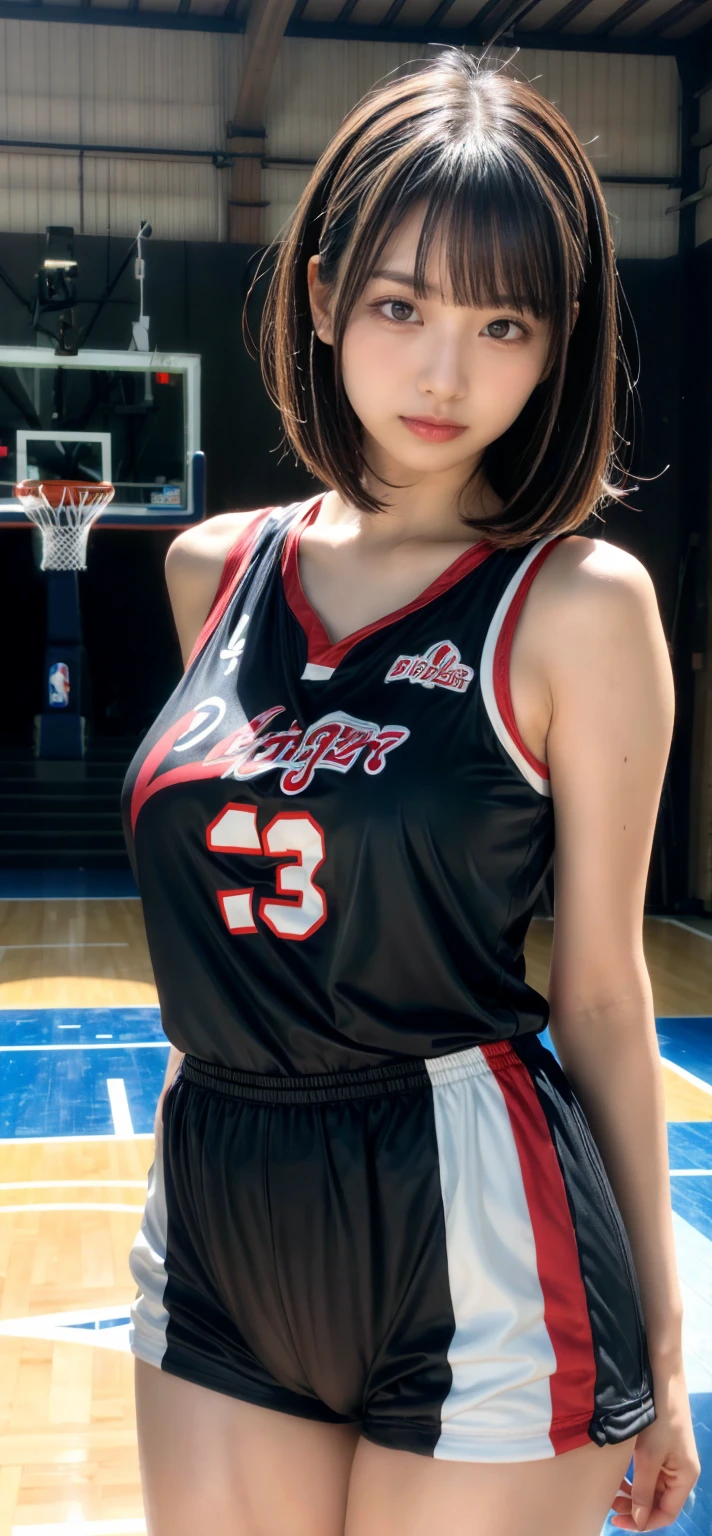 1girl in,basketball,Red uniform, Black_Eyes, Number 10, ball, Jersey, s lips, Shoulder-length hair realistic, solo,Basket Goal、