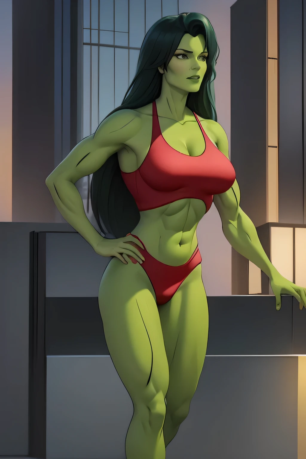 masterpiece, best quality, agrias, a woman, solo, wearing a red bikini, black hair, high leg, , muscular , detailed face, detailed face, age 32, modern house , big breast, termal water, complete green skin, big breast