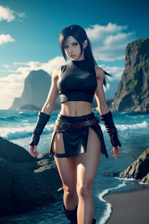 there is a woman in a black bikini and a black belt, tifa lockhart, seductive tifa lockhart portrait, tifa, glamorous tifa lockheart, tifa lockhart portrait, tifa lockheart, portrait of tifa lockhart, 3 d anime realistic, photorealistic anime girl render, realistic bikini, tifa lockhart with white hair, senna from league of legends