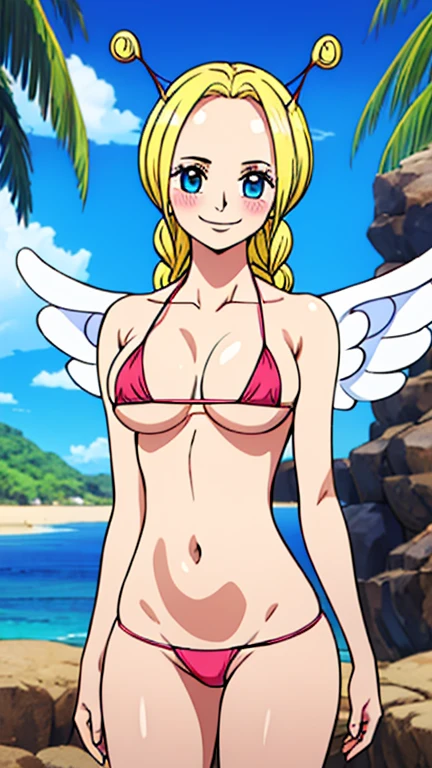 ((masterpiece,best quality)), absurdres, wano style, Conis, 1girl, solo, blush, smile, micro bikini, wedgie, somb, smiling, looking at viewer, cowboy shot,  cinematic composition, contrapposto, tropical island, angel wings, feathered wings, blonde hair, blue eyes, twin braid, antennae, forehead,