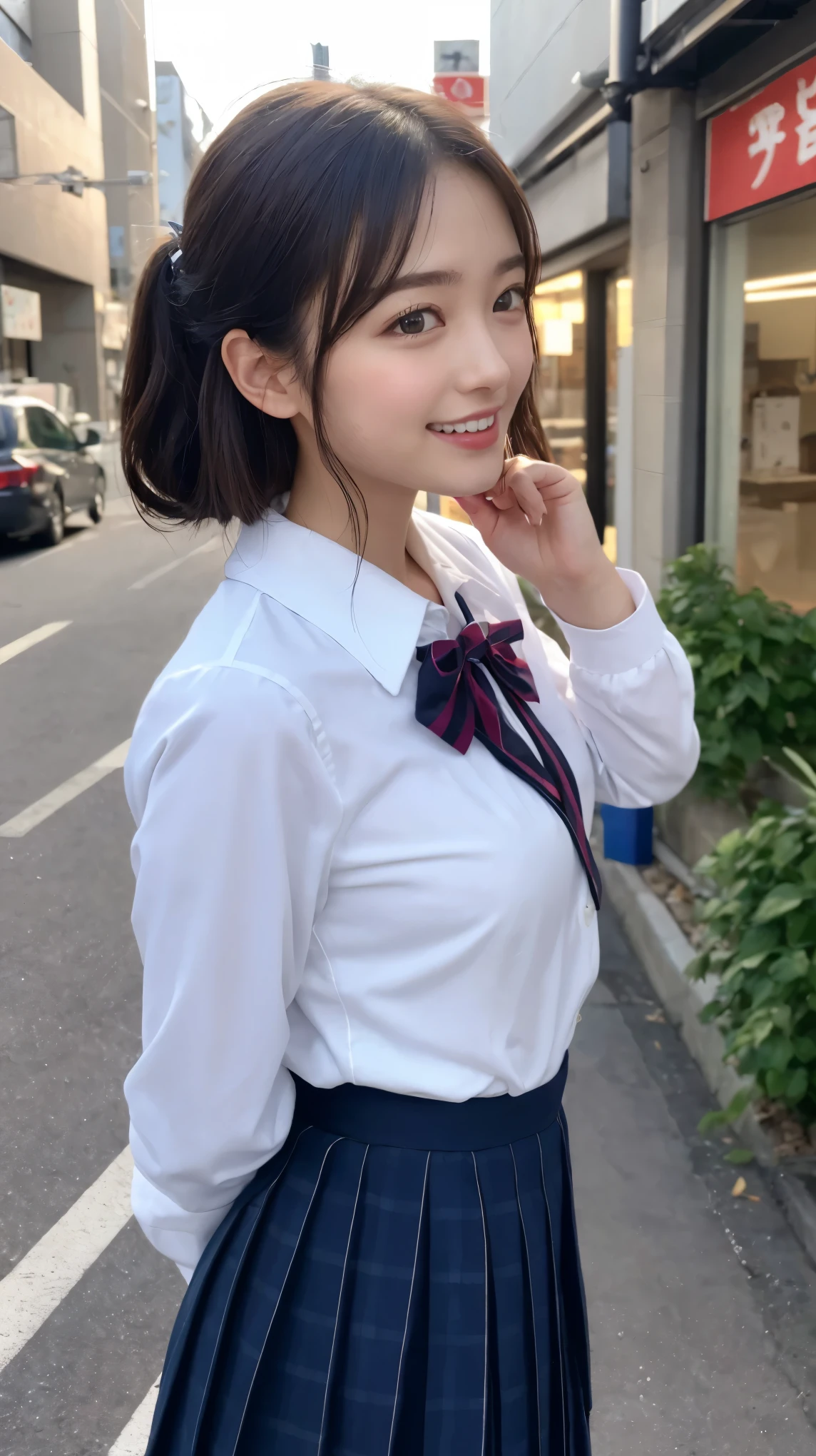 ung girl,very cute and beautiful japanese teenress,highly detailed beautiful face, looking at viewer,smile,happy,white blouse,ribbon,pleated plaid mini skirt,school bag, narrow alley in tokyo,stone wall in front of modern building,hotel signage,trees,shrubbery,solo,real person,photorealistic,8k,raw photo,