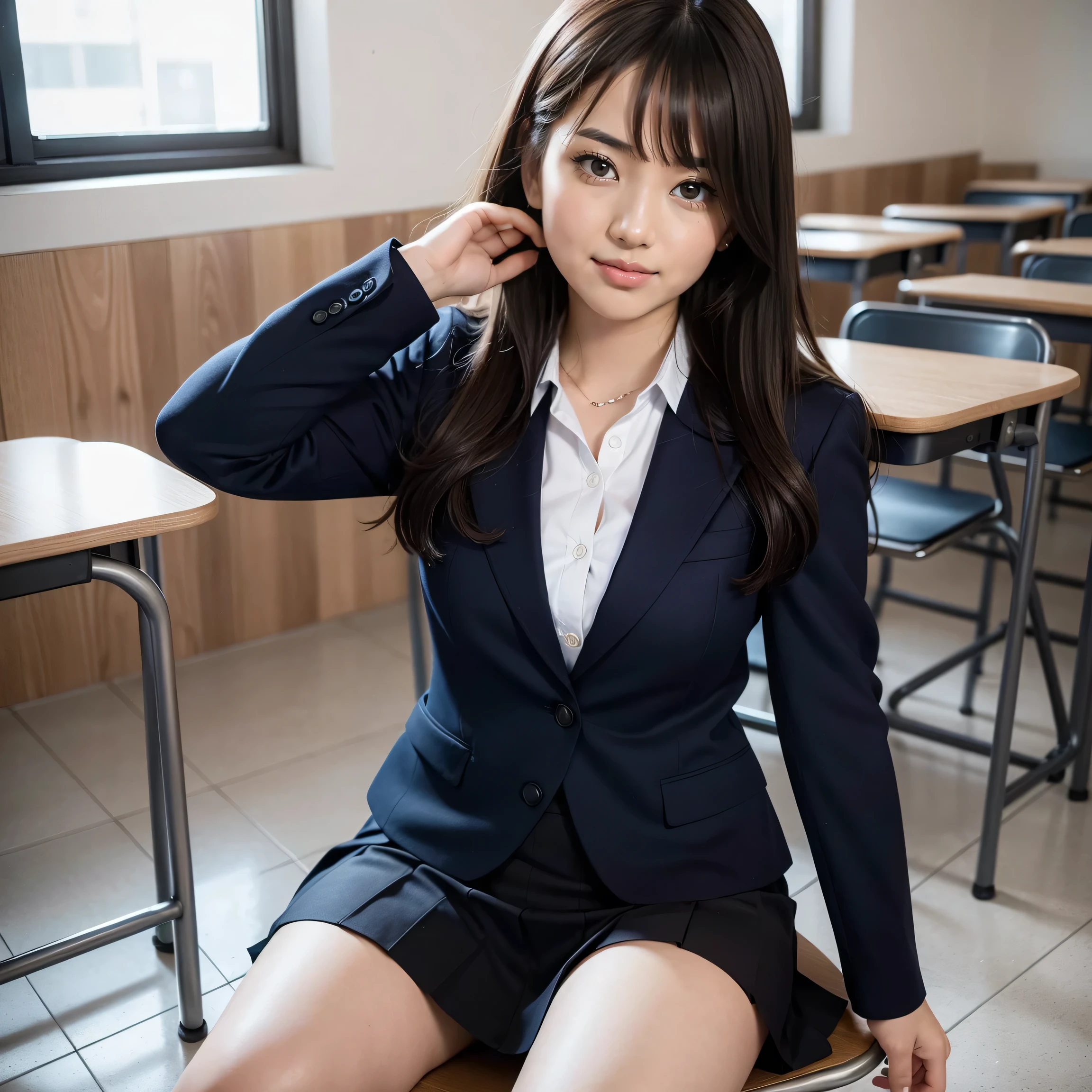 {{{One high school girl:Large double eyelids、mascara}}, Best Quality, Face focus, Soft light, (Depth of written boundary), Ultra-high resolution, (Realistic: 1.4), RAW Photos, (Knee: 1.4), (side) One Japanese girl, Alone, , (shy, smile: 1.1), (Brown eyes), Detailed beautiful face, {{(Straight long hair)}}, {{{High school classroom, (Chair), {{(School Uniform: 1.4, navy skirt, Navy Blazer)}}