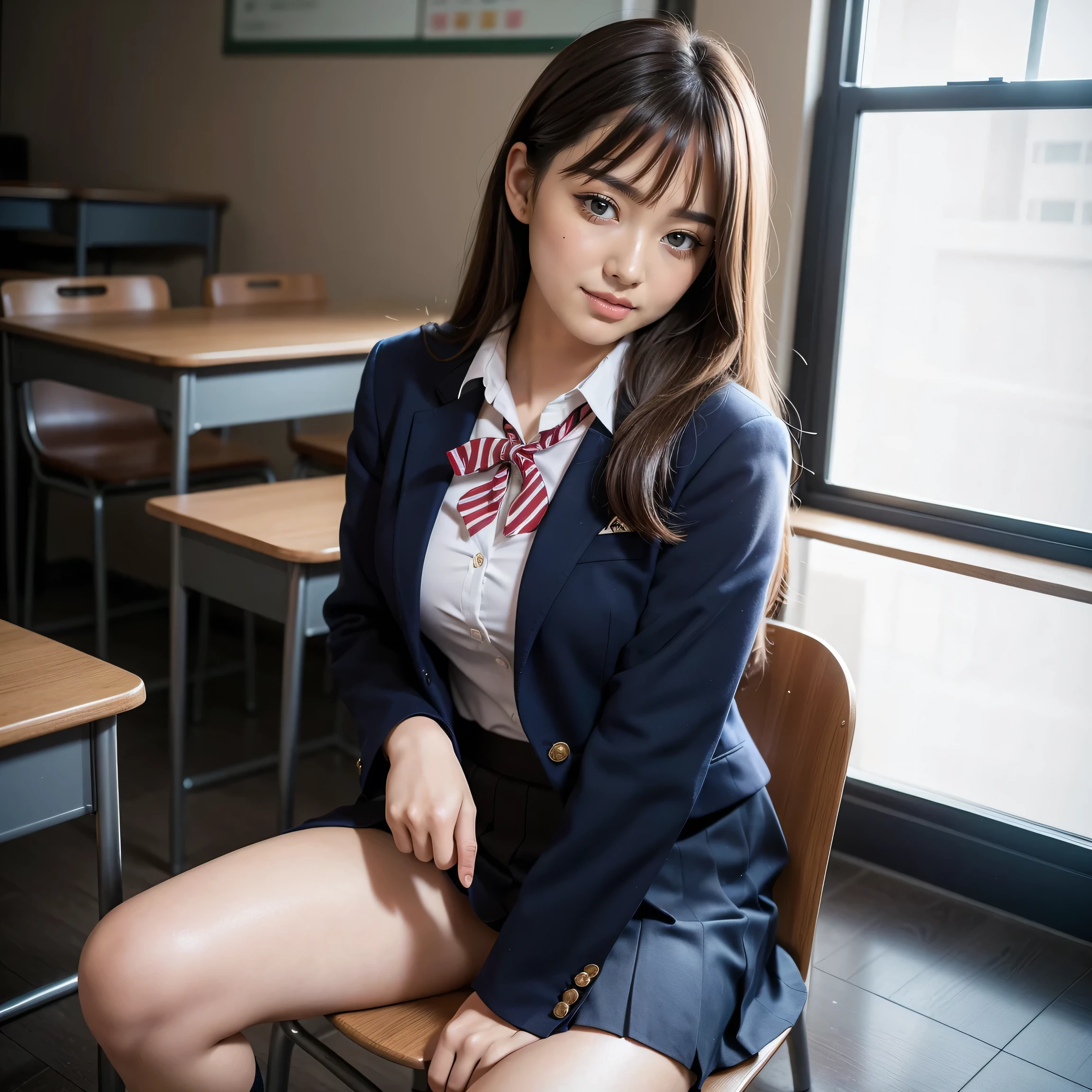 {{{One high school girl:Large double eyelids、mascara}}, Best Quality, Face focus, Soft light, (Depth of written boundary), Ultra-high resolution, (Realistic: 1.4), RAW Photos, (Knee: 1.4), (side) One Japanese girl, Alone, , (shy, smile: 1.1), (Brown eyes), Detailed beautiful face, {{(Straight long hair)}}, {{{High school classroom, (Chair), {{(School Uniform: 1.4, navy skirt, Navy Blazer)}}