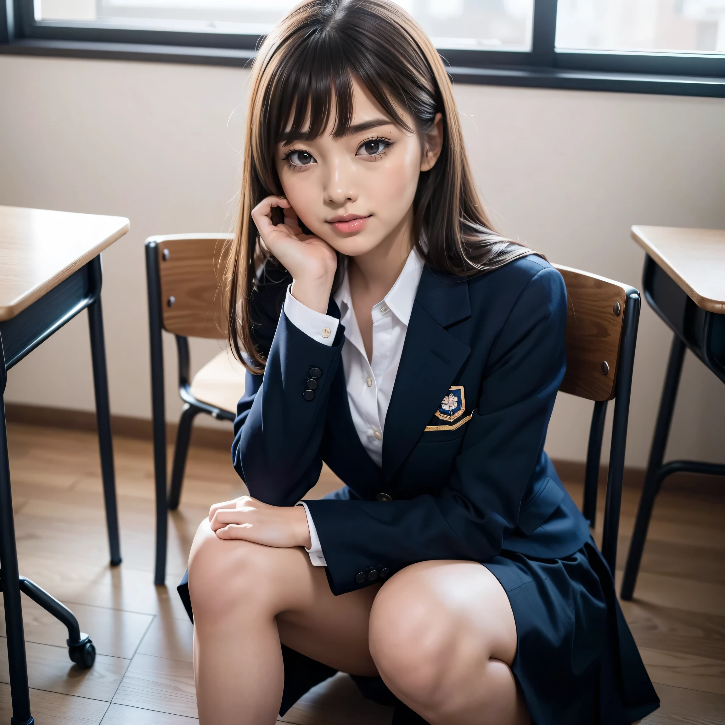 {{{One high school girl:Large double eyelids、mascara}}, Best Quality, Face focus, Soft light, (Depth of written boundary), Ultra-high resolution, (Realistic: 1.4), RAW Photos, (Knee: 1.4), (side) One Japanese girl, Alone, , (shy, smile: 1.1), (Brown eyes), Detailed beautiful face, {{(Straight long hair)}}, {{{High school classroom, (Chair), {{(School Uniform: 1.4, navy skirt, Navy Blazer)}}