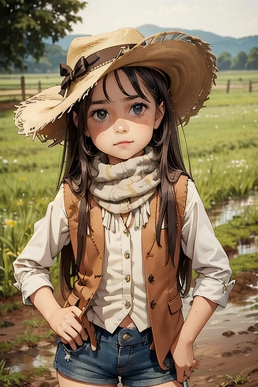 Beautiful young pretty  portrait，On a muddy farm:1.2 , cowboy hat, Fringed waistcoat , Shorts, scarf , confidence , Very short stature，Flat Chest，Very small ass，,
