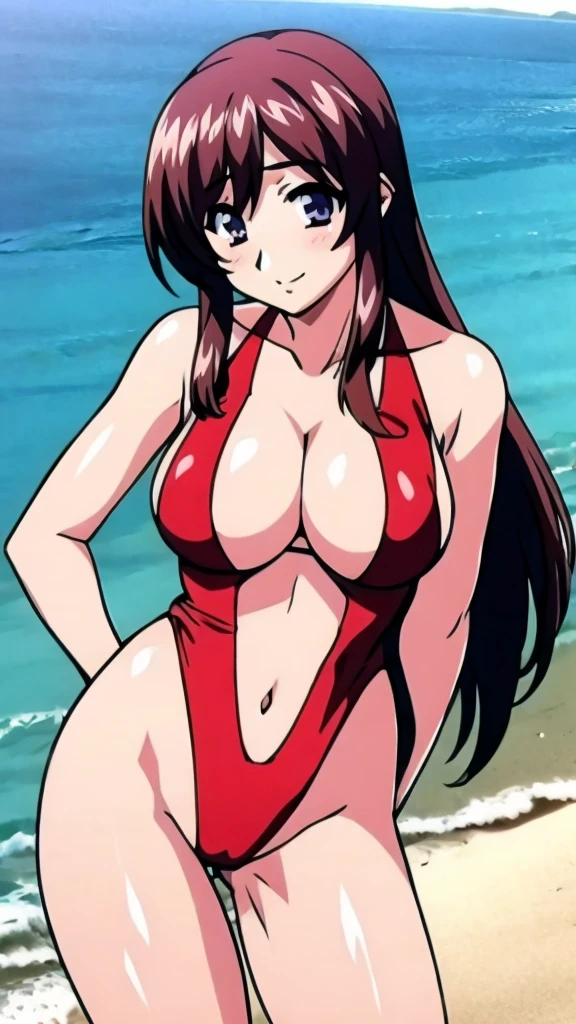 Mizuho Kazami - Please Teacher!, masterpiece, best quality, a sexy woman in sexy slingshot swimsuit posing seductive and standing on sand beach near ocean, 1girl, breasts, solo, high leg swimsuit, one-piece swimsuit, navel, front cutout, side cutout, covered nipples, beach, side boobs, day, camel toe, cleavage, jewelry, sexy smile, Mizuho Kazami,