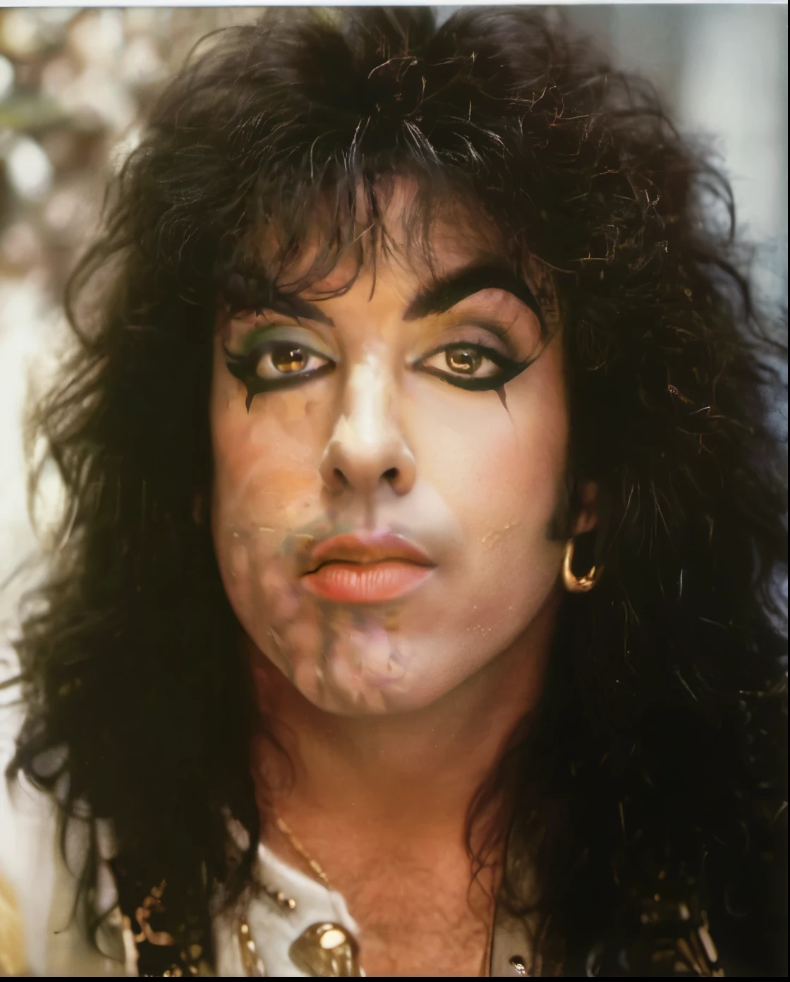 arafed image of a man with long hair and a necklace, jean deville, dio, with his long black hair, glam metal hair, Paul Stanley as a goat, michael pangrazio, john oates face, darren shaddick, stern look, with long hair and piercing eyes, boris valejo, glamour shot, mean smirk