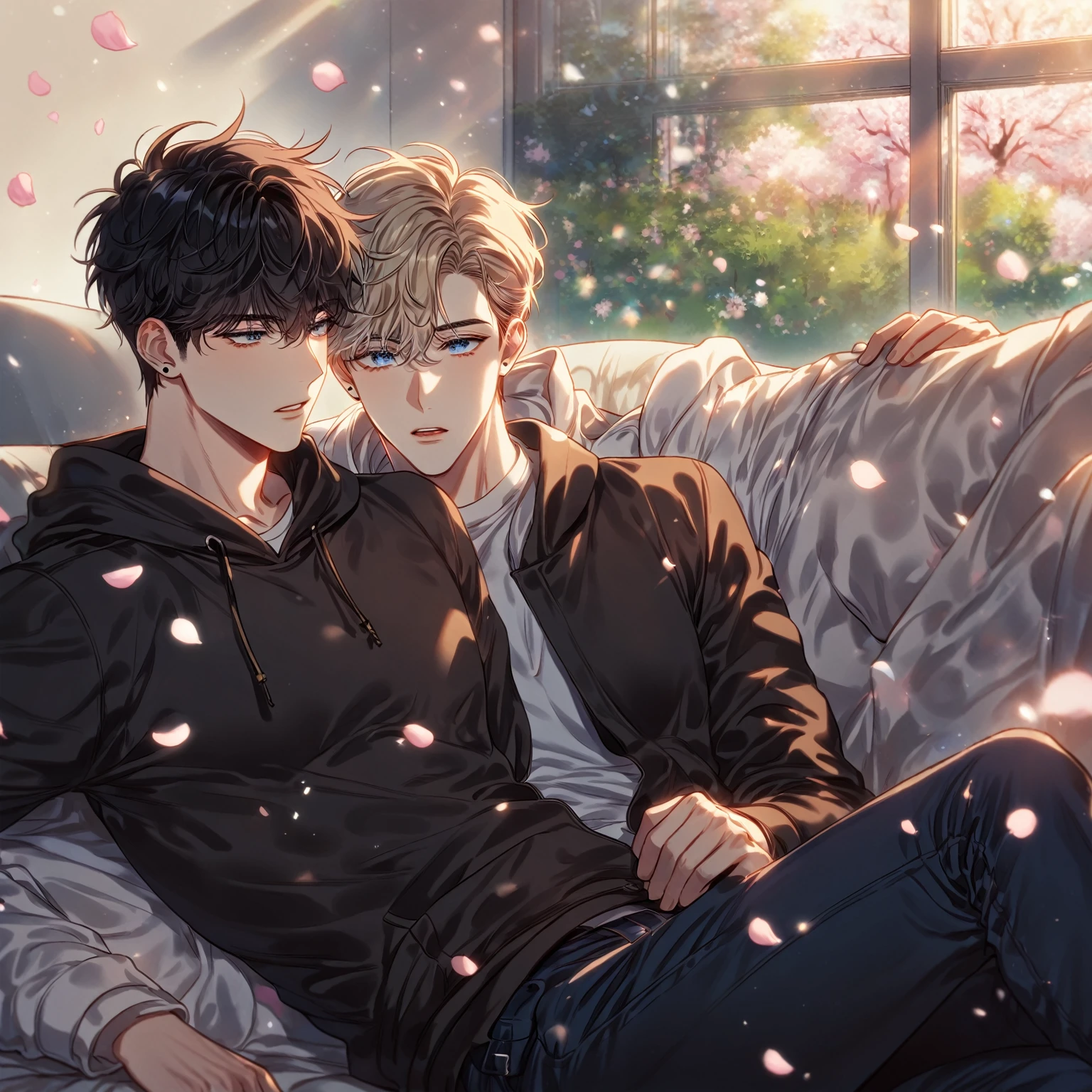 absurdres, highres, ultra detailed, HDR, master piece, best quality, detailed eyes, delicated features, Manhwa Style, Kang Woojin, black hair, messy hair, expressive dark blue eyes, Love Jinx, Lim Haegyung, ash-blond hair, messy hair, expressive light-blue eyes, two sexy men together, yaoi, gay couple, in love, handsome, bishounen, adult face, black piercings, black hoodie, white hoodie, blue jeans, sitting, couch, room, window, spring, cherry blossoms, pink trees, pink flowers, garden, park, fantasy, magical, pink petals