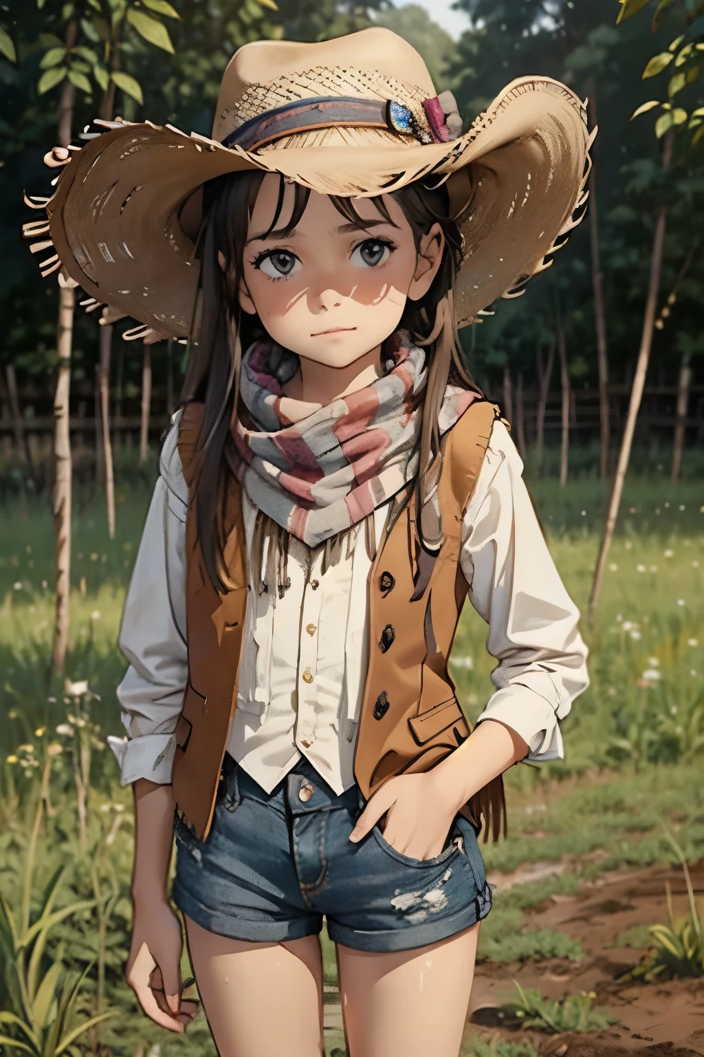 Beautiful young pretty  portrait，On a muddy farm:1.2 , cowboy hat, Fringed waistcoat , Shorts, scarf , confidence，Very short stature，Flat Chest，Very small ass，Thin thighs，