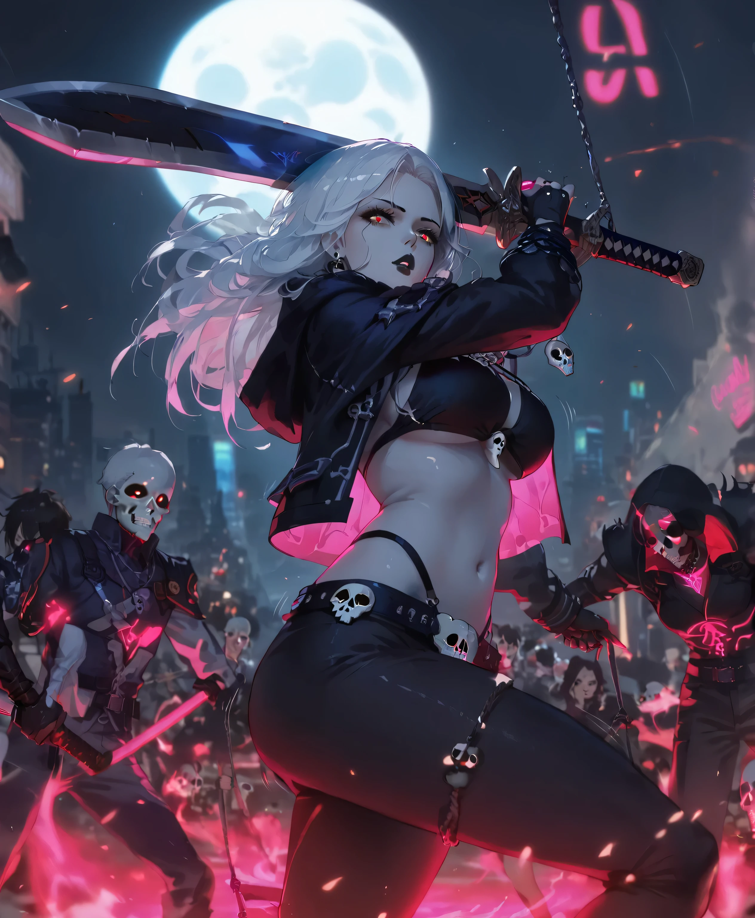 Cyberpunk Lady death fighting a hoard of cybernetic demons, High paced, cinematic fight scene smeared frames, impact frame, sword swing, area destruction ,. : Cyber punk themed, depict 1girl, multiple others ,Lady death, fullbody art, Masterpiece, hyper-aesthetic, hyper-absurd resolution, realism, ultra-detailed, split color shift, , clashing powers fighting game character splash art in the style of by skullgirls,Dead or alive, and Blazblue : depict a fighting game splash-art,((((pink to gray colorshift blacklight art, uhd, hdr, hyper absurdres, hyper aesthetic, deep highlights, sharp gradients, hyper-detailed background, cybe punk black festival, blurring motion details, motion lines ,moonlit night, battle scene, impact frame)))), 1 vs many , (((( white hair,black lips, pale skin , voluptuous, sensuous Statuesque physique, hardlight bikini top,neon black holo cape, skull necklace, gothic Broadsword, sword swing, strong)))), , Cyberpunk crescent city moon background, anime scene, action cinematography ( colored neon blacklight art)), ultra high resolution, cinematic scene, Photorealistic lineart, highly-detailed, UHD,4k, hyper resolution cel-shaded, anime screencap, best quality, expressive eyes, perfect face, perfect anatomy, perfect physique, perfect hands Cinematography, Dynamic scene, dynamic angle, dynamic perspective, dynamic scenery 