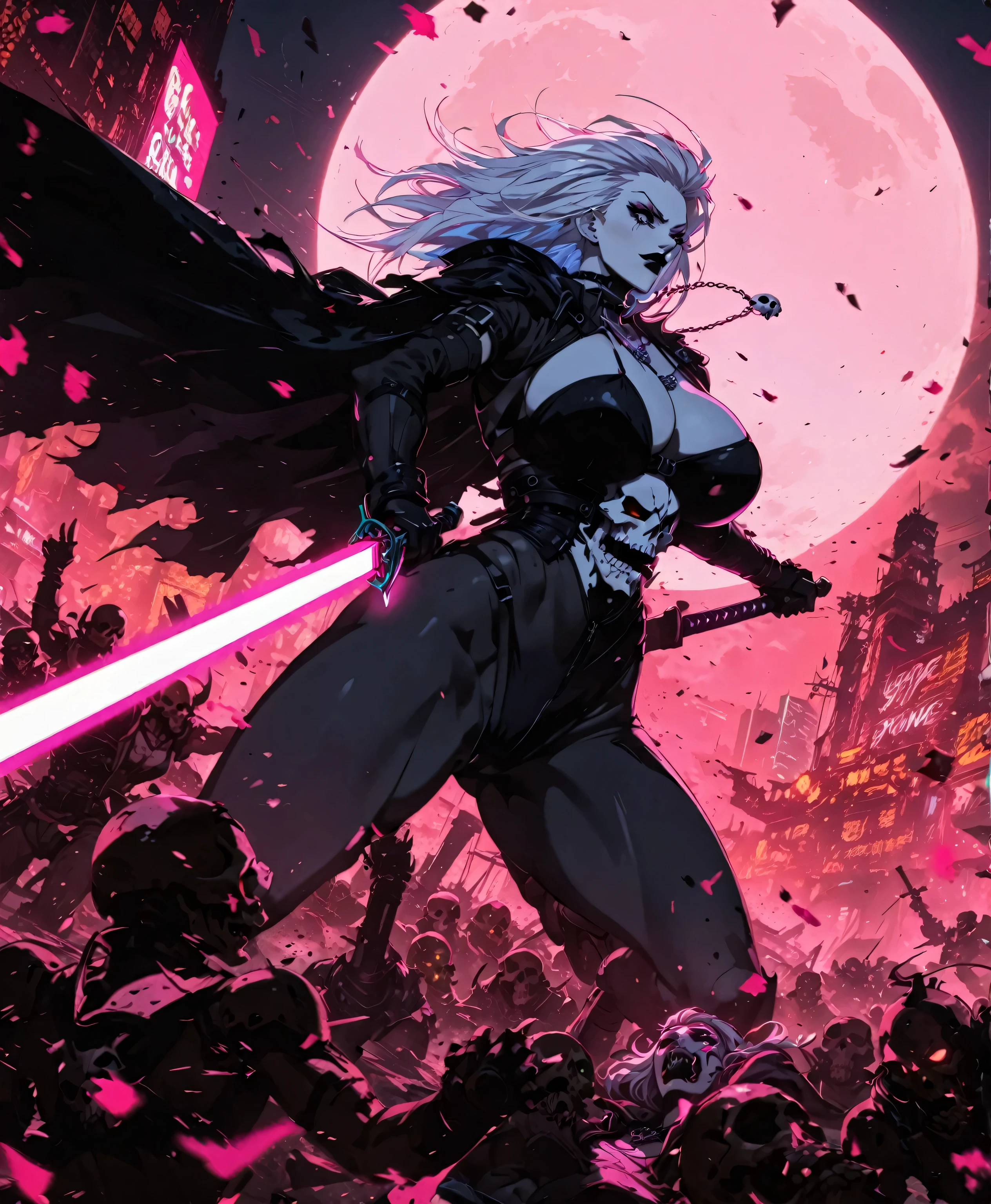 Cyberpunk Lady death fighting a hoard of cybernetic demons, High paced, cinematic fight scene smeared frames, impact frame, sword swing, area destruction ,. : Cyber punk themed, depict 1girl, multiple others ,Lady death, fullbody art, Masterpiece, hyper-aesthetic, hyper-absurd resolution, realism, ultra-detailed, split color shift, , clashing powers fighting game character splash art in the style of by skullgirls,Dead or alive, and Blazblue : depict a fighting game splash-art,((((pink to gray colorshift blacklight art, uhd, hdr, hyper absurdres, hyper aesthetic, deep highlights, sharp gradients, hyper-detailed background, cybe punk black festival, blurring motion details, motion lines ,moonlit night, battle scene, impact frame)))), 1 vs many , (((( white hair,black lips, pale skin , voluptuous, sensuous Statuesque physique, hardlight bikini top,neon black holo cape, skull necklace, gothic Broadsword, sword swing, strong)))), , Cyberpunk crescent city moon background, anime scene, action cinematography ( colored neon blacklight art)), ultra high resolution, cinematic scene, Photorealistic lineart, highly-detailed, UHD,4k, hyper resolution cel-shaded, anime screencap, best quality, expressive eyes, perfect face, perfect anatomy, perfect physique, perfect hands Cinematography, Dynamic scene, dynamic angle, dynamic perspective, dynamic scenery