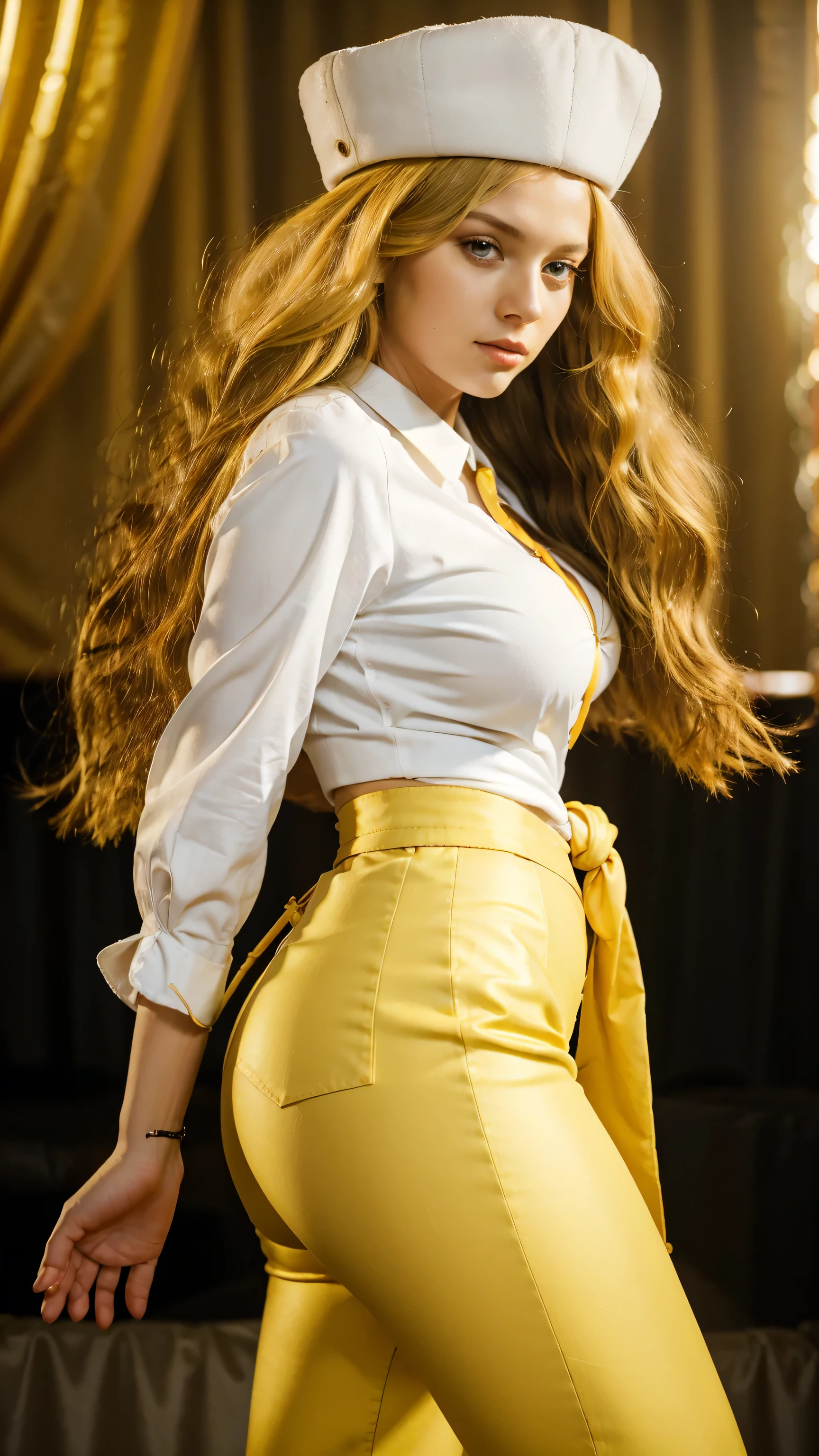 a sexy woman attractive big breast radical youth beautiful long wavy yellow hair wearing cap winter soviet golden her bright colorful eye wears white buttoned blouse tied knot short sleeve and long black pants big thigh sensual long golden heel