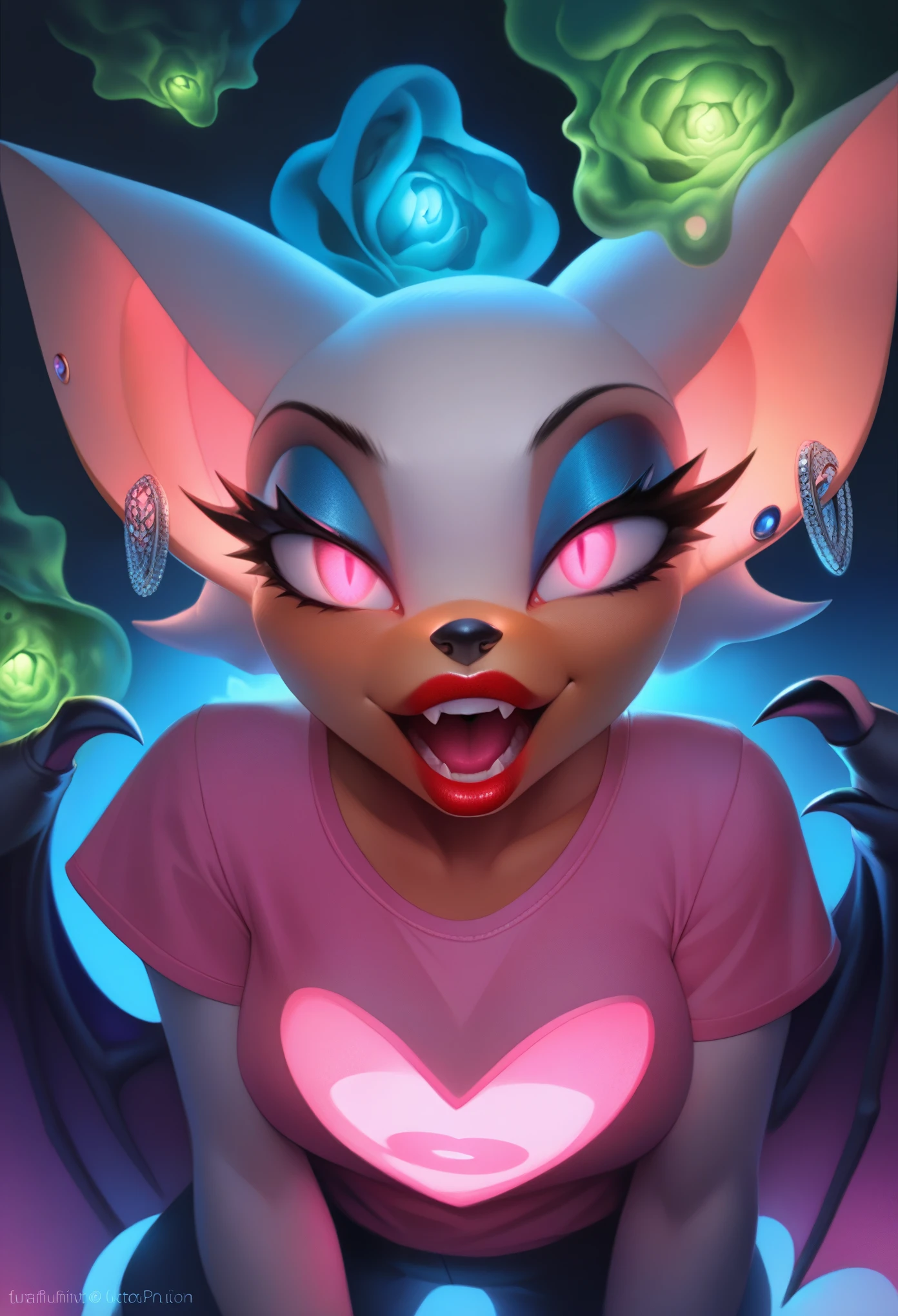 high resolution, hyper detailed, Masterpiece, high quality, studio quality, intricate details, 
rouge the bat, anthro, 
(earrings), beautiful face, beautiful eyes, (slutty red lips:1.2), 
(pov from below:1.1), (glowing pink eyes:1.1), (pink t-shirt:1.2), open mouth, (surrounded by glowing blue ectoplasm:1.2), (glowing yellow:1.3),