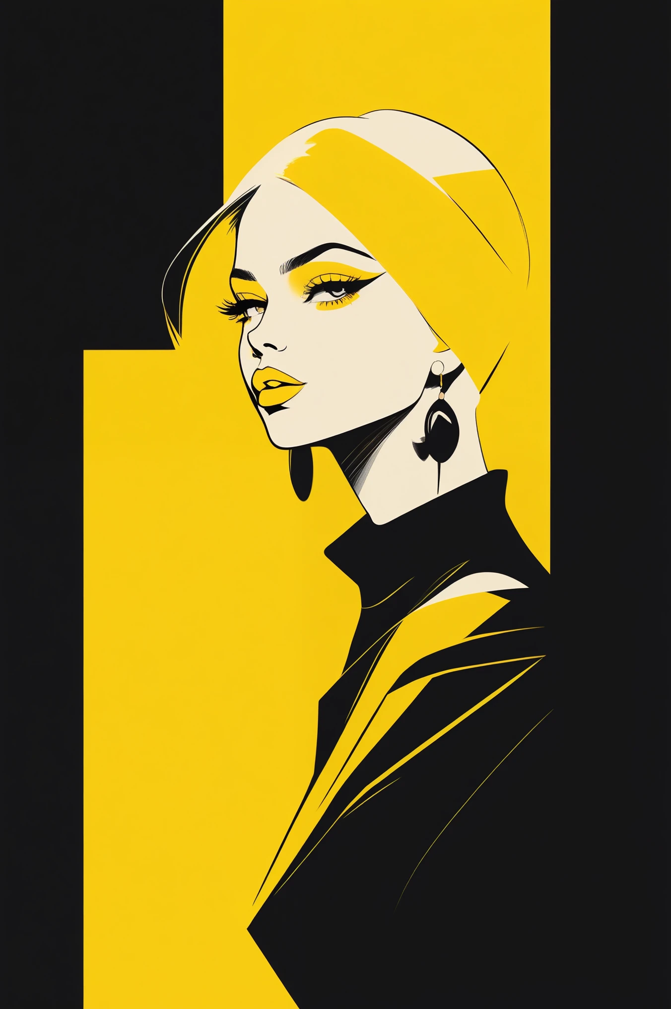 (The best quality, yellow background sketch:1.2),realistic,illustrator,animated,1 girl, detailed lips, modern sensual casual clothing without showing intimate parts, black and yellow gradient background, Neon hair, textured cutout, masterpiece, classic retro style, black style , European style