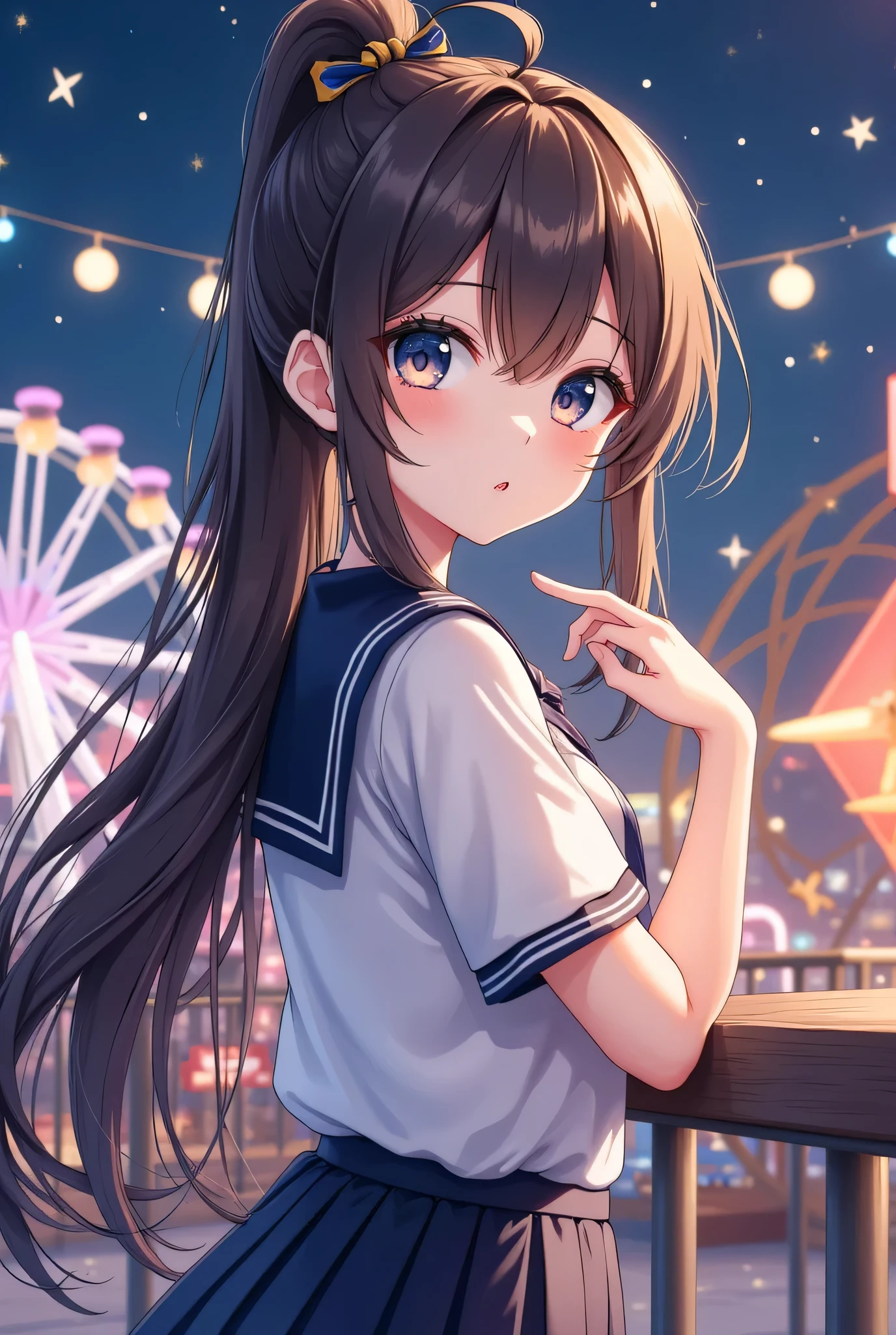 Ultra HD、A romantic sight、Late-night illumination、Christmas、Beautiful girl enjoying a night amusement park date、Sailor suit、cute hairstyle、cute