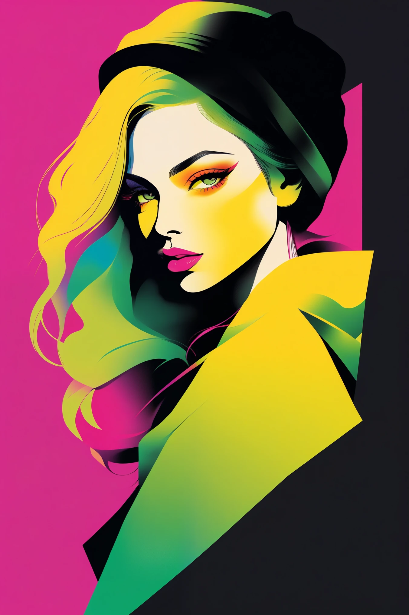 (The best quality, Background sketch in various harmonious colors:1.2),realistic,illustrator,animated,1 girl, detailed lips, modern sensual casual clothing without showing intimate parts, black gradient background, yellow green, cian magenta, orange, Neon hair, textured cutout, masterpiece, classic retro style, black style , European style