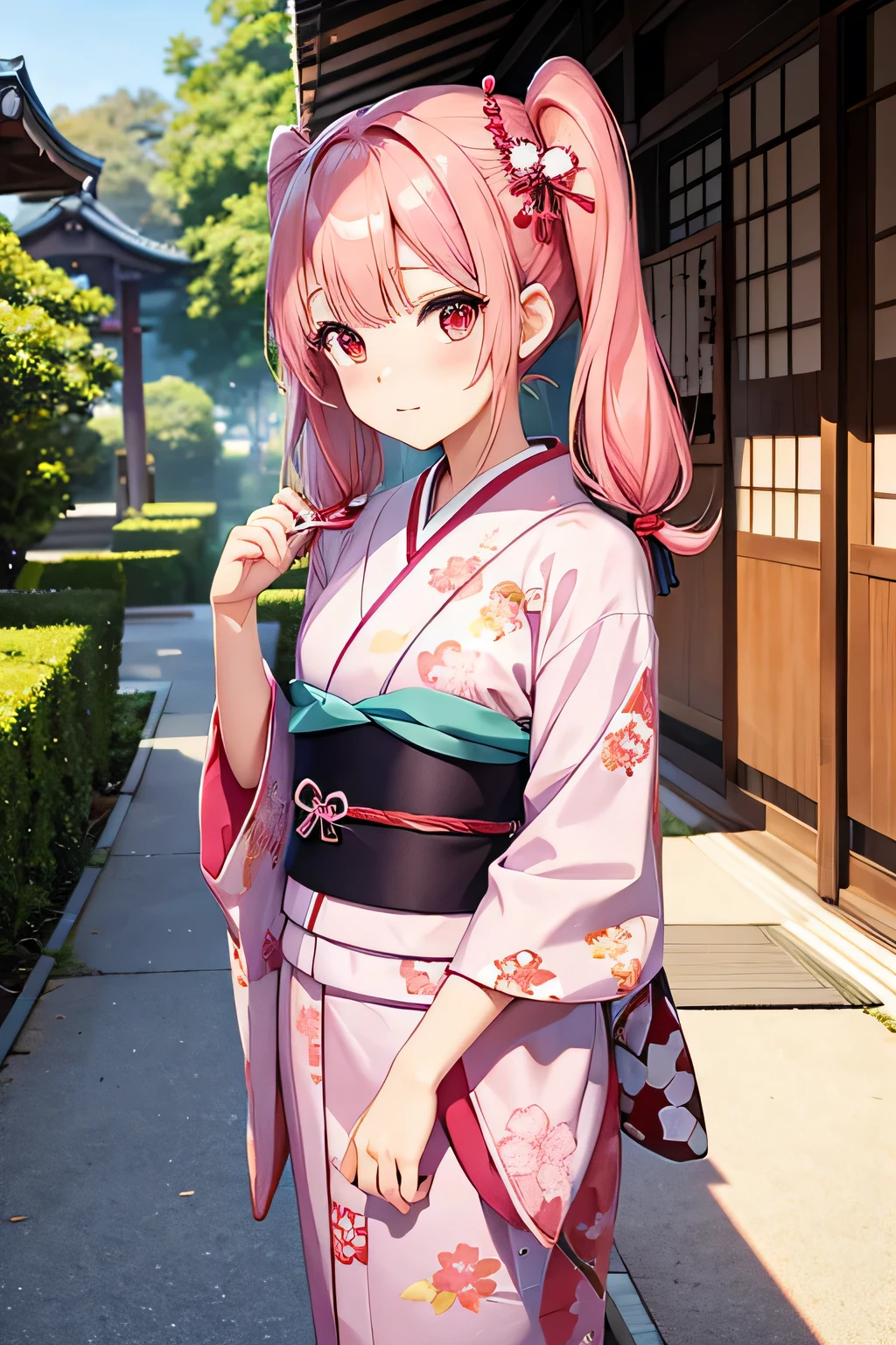 Pink Hair、Twin tails、Slanted Eyes、Red Eyes、low length、A girl around 、kimono、Japanese style