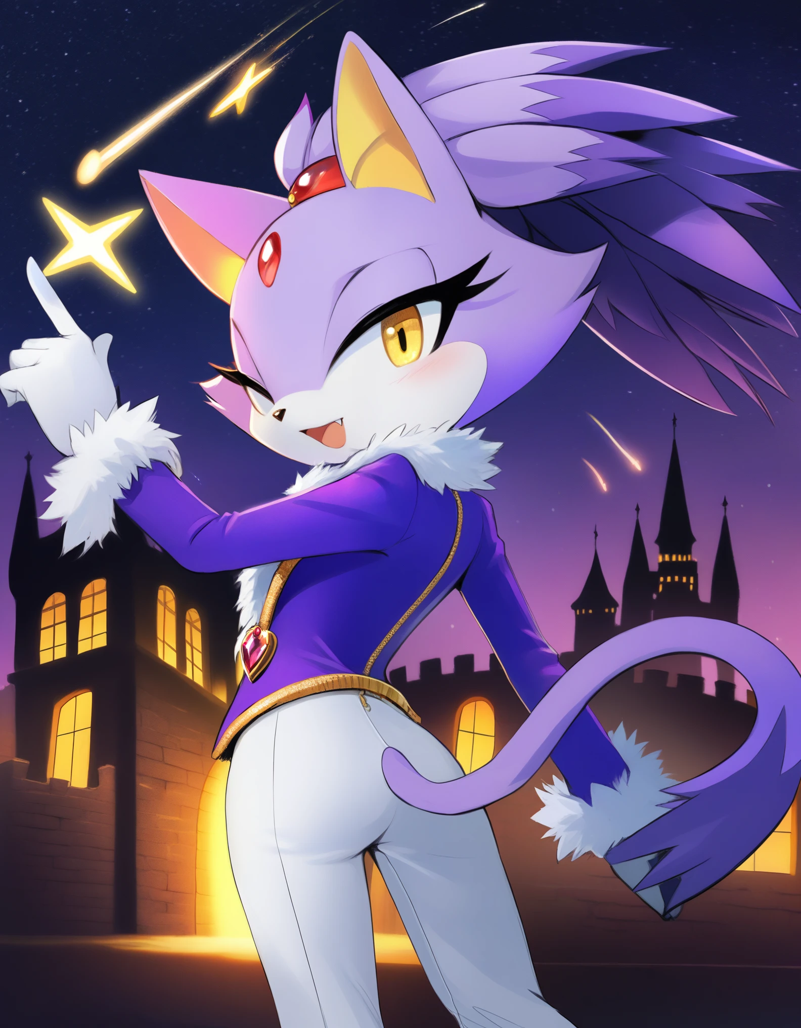 Akami Mirai,, Blaze The Cat, 1girl, gold necklace, white jumpsuit, animal_ears, closed_mouth, red forehead_jewel, fur-trimmed_gloves, fur_trim, furry, furry_female, gloves, long_sleeves, purple_coat, purple_hair, solo, standing, tied_hair, topknot, white_gloves, white_pants, yellow_eyes, tail, photo background, night sky, castle, solo, shooting star, star \(sky\), perfect hands, perfect anatomy