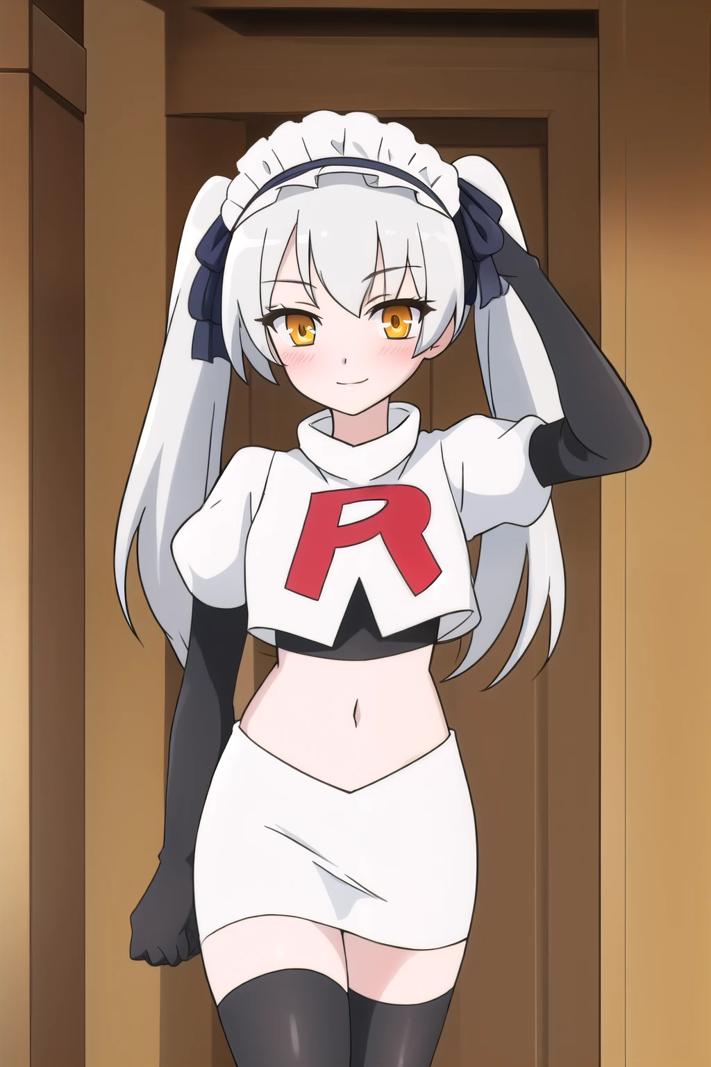 leen, solo, long_hair, looking_at_viewer, blush, bangs, red ribbon, twintails, brown_eyes, hair_ribbon, yellow_eyes, white_hair, grey_hair, hairband, orange_eyes, maid_headdress, white eyelashes, colored_eyelashes, headdress, ta_hairband, frilled_hairband, team rocket,team rocket uniform,white skirt,red letter R,crop top,black thigh-highs,black elbow gloves