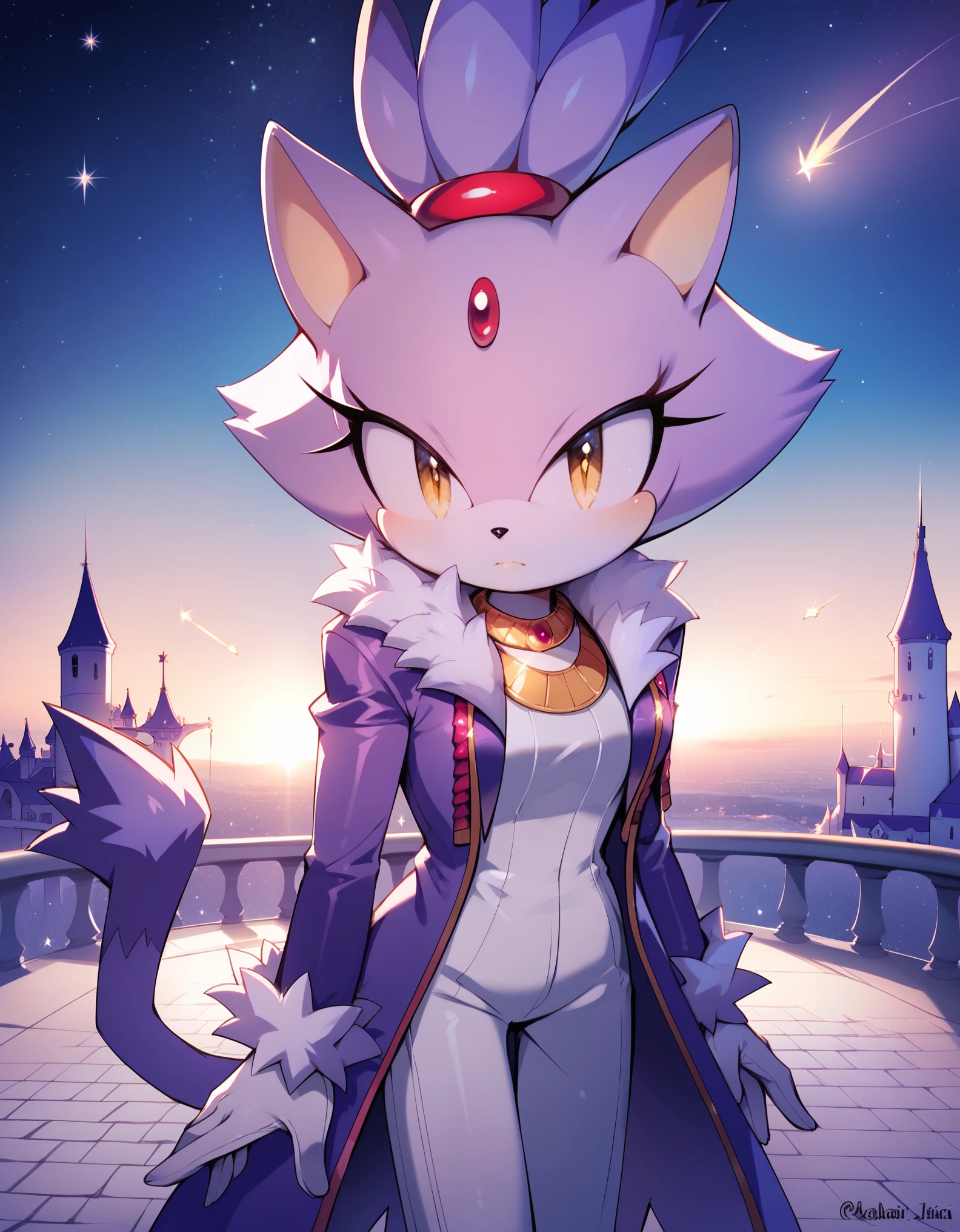 score_9, score_8_up, score_7_up, Akami Mirai,, Blaze The Cat, 1girl, gold necklace, white jumpsuit, animal_ears, closed_mouth, red forehead_jewel, fur-trimmed_gloves, fur_trim, furry, furry_female, gloves, long_sleeves, purple_coat, purple_hair, solo, standing, tied_hair, topknot, white_gloves, white_pants, yellow_eyes, tail, photo background, night sky, castle, solo, shooting star, star \(sky\), perfect hands, perfect anatomy