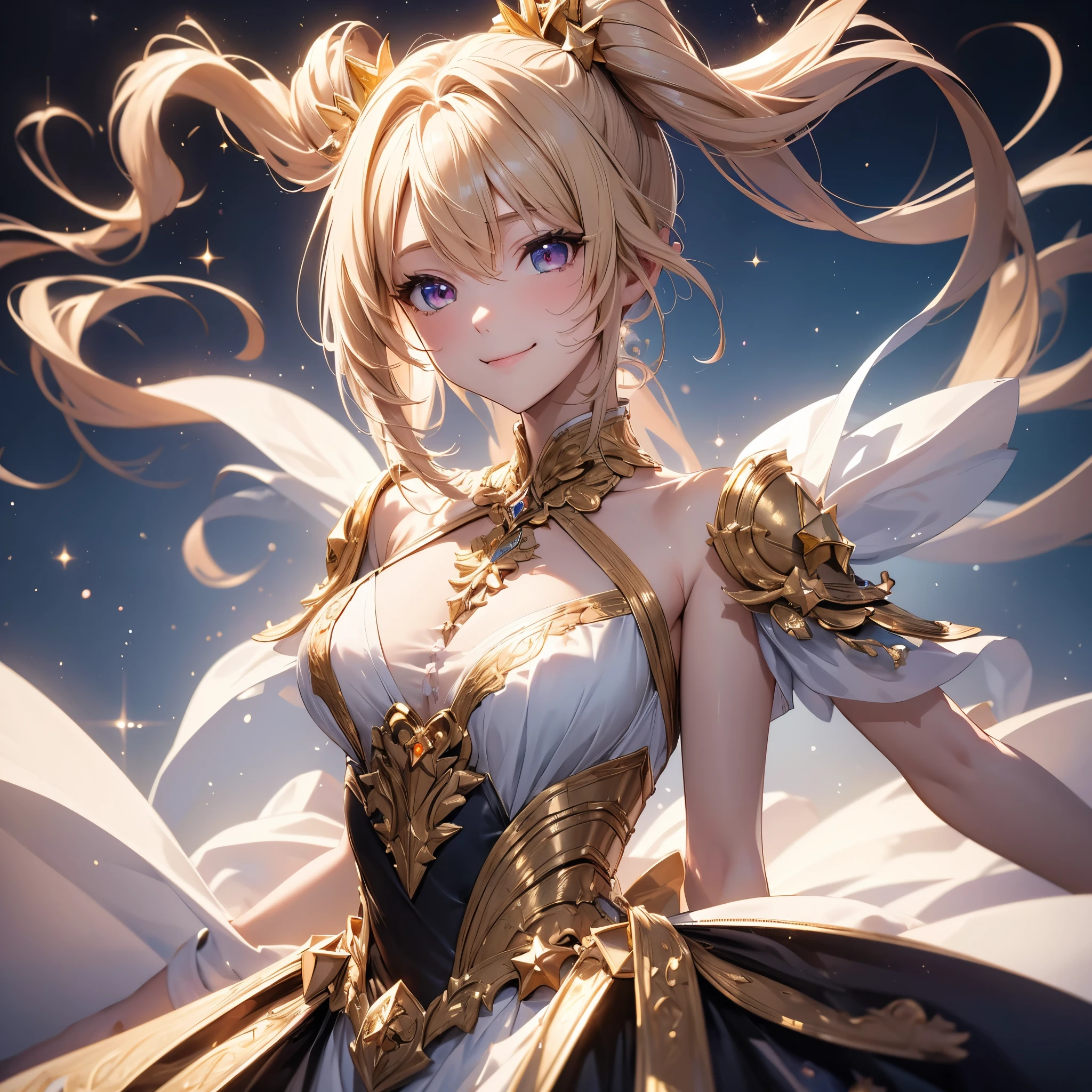 ((masterpiece, Please redeem)), Detailed face, CharacterDesignSheet, Full of details, Multiple poses and expressions, Advanced Details, Depth, Many parts,gold,Double Ponytail,Fantasy,very beautiful, Natural Light, race,raceパンスト,Star decoration,Anatomically correct, One girl, solo, smile, Simple Background, Twin tails,