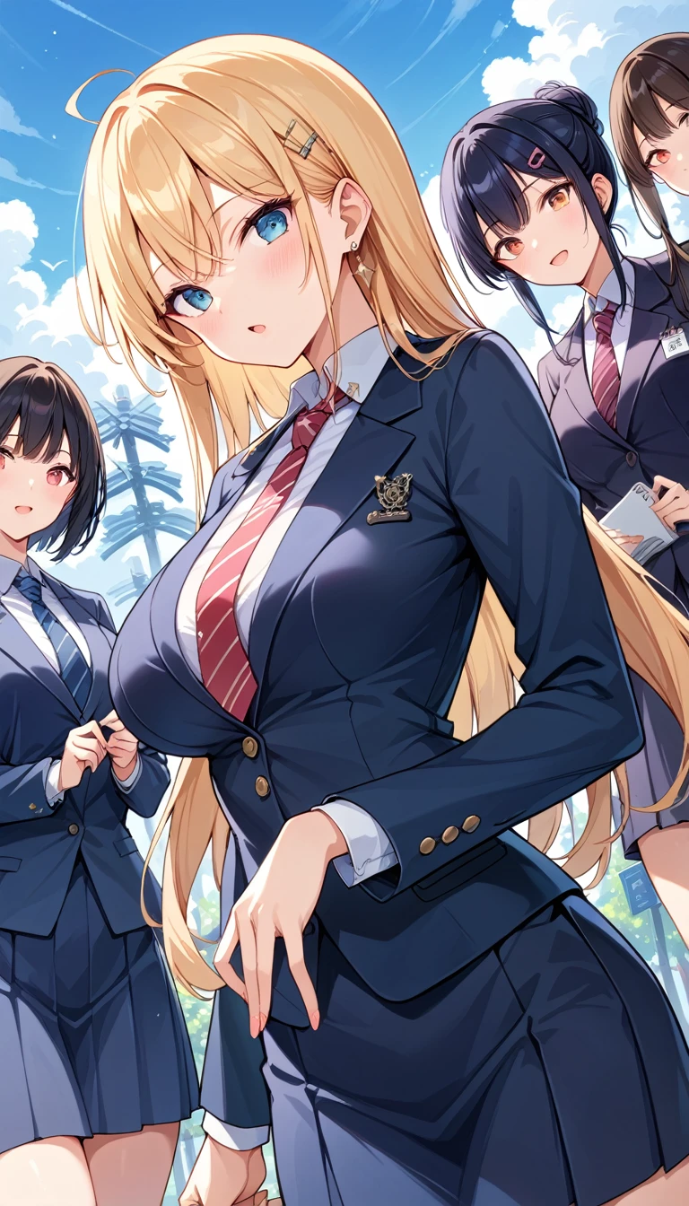 Anime Moe Art Style,Highest quality,High resolution,Anatomically correct,Multiple Girls,Mid-teens,Mr.々Hair style,Super detailed,Big Breasts,Shiny skin,Beautiful Skin,A rich expression,Laughing with your mouth open,high school girl,Undress,Show your chest,Nipples are visible,Lift up your skirt yourself,I can see the shorts,School Cultural Festival,blazer,Pleated skirt,mini skirt,Eyes drawn in detail,8K