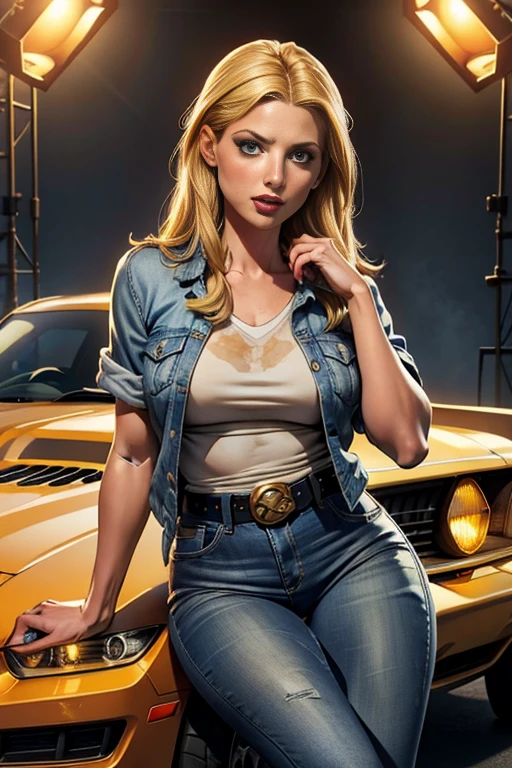 a beautiful young woman with long blonde hair, Sarah Michelle Gellar, wearing a Sunnydale college jacket, a short sleeve shirt, and blue jeans with a belt, sitting on the hood of a yellow Mustang car, highly detailed, photorealistic, 8k, studio lighting, cinematic, warm color tones, dramatic lighting, depth of field, beautiful detailed eyes, beautiful detailed lips, extremely detailed face and skin