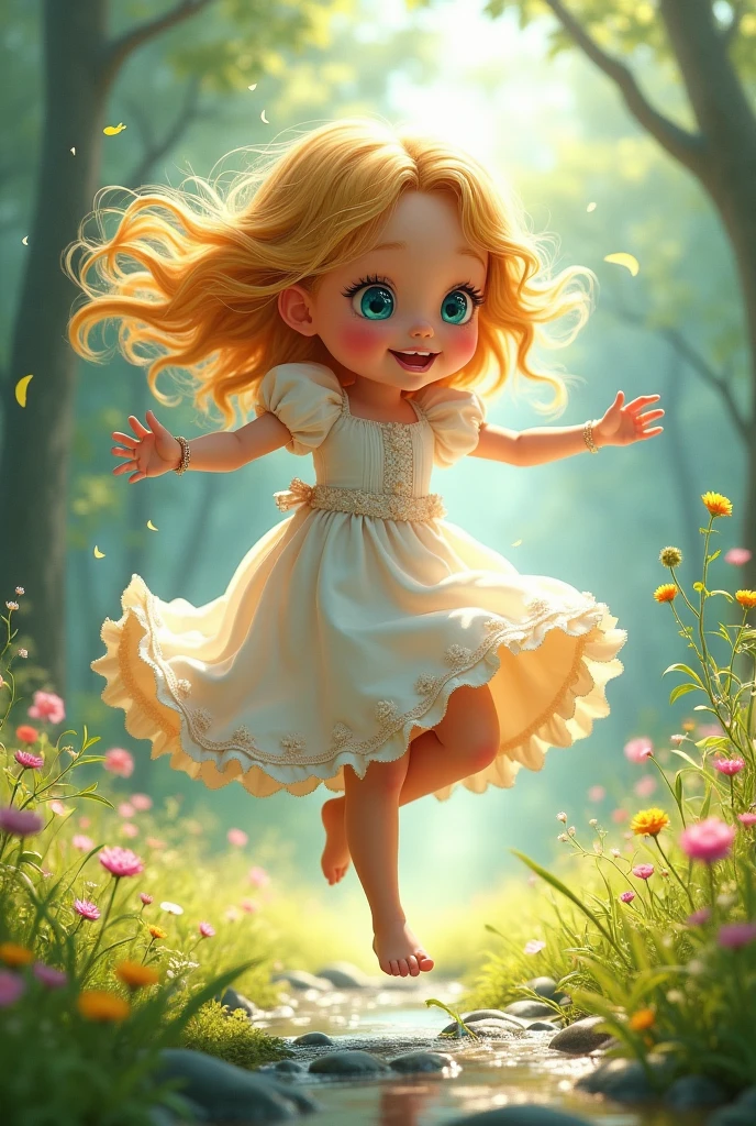 Imagine a young goddess child, around ten years old, standing in a street city, playfully using her gravity control powers. She has long, flowing hair that shimmers like golden silk, gently floating around her as if caught in a breeze, defying gravity. Her eyes are a bright, sparkling blue, filled with a mix of innocence, curiosity, and a hint of mischief.
She is dressed in a simple yet enchanting dress made of soft, flowing fabric in pastel shades of lavender and silver, adorned with tiny, twinkling stars that seem to glow softly. Her small feet are bare, hovering just above the ground as she floats effortlessly, a few inches in the air, giggling with delight.
Around her, various objects are caught in her gravitational pull: small stones, leaves, and even tiny woodland creatures float gently around her, orbiting in a playful dance. A few colorful flowers are lifted from the ground, spinning slowly in mid-air, their petals fluttering like butterflies.
The forest around her is alive with magic, illuminated by her soft, golden aura that pulses with her laughter. Sunbeams filter through the canopy above, casting dappled light and shadows on the ground, creating a beautiful mosaic of light around her. The trees seem to sway gently, as if bowing to her presence.
Her expression is one of pure joy and wonder, as she discovers and delights in her ability to control gravity, playing with the natural world as if it were her playground. Her hands are lifted, palms facing upward, as she experiments with making objects float and dance around her, her giggles echoing through the forest.
Despite her young age, there is an unmistakable aura of divinity about her—a sense of immense power balanced with innocence and playfulness, showing that even as a child, she possesses the extraordinary abilities of a goddess.
