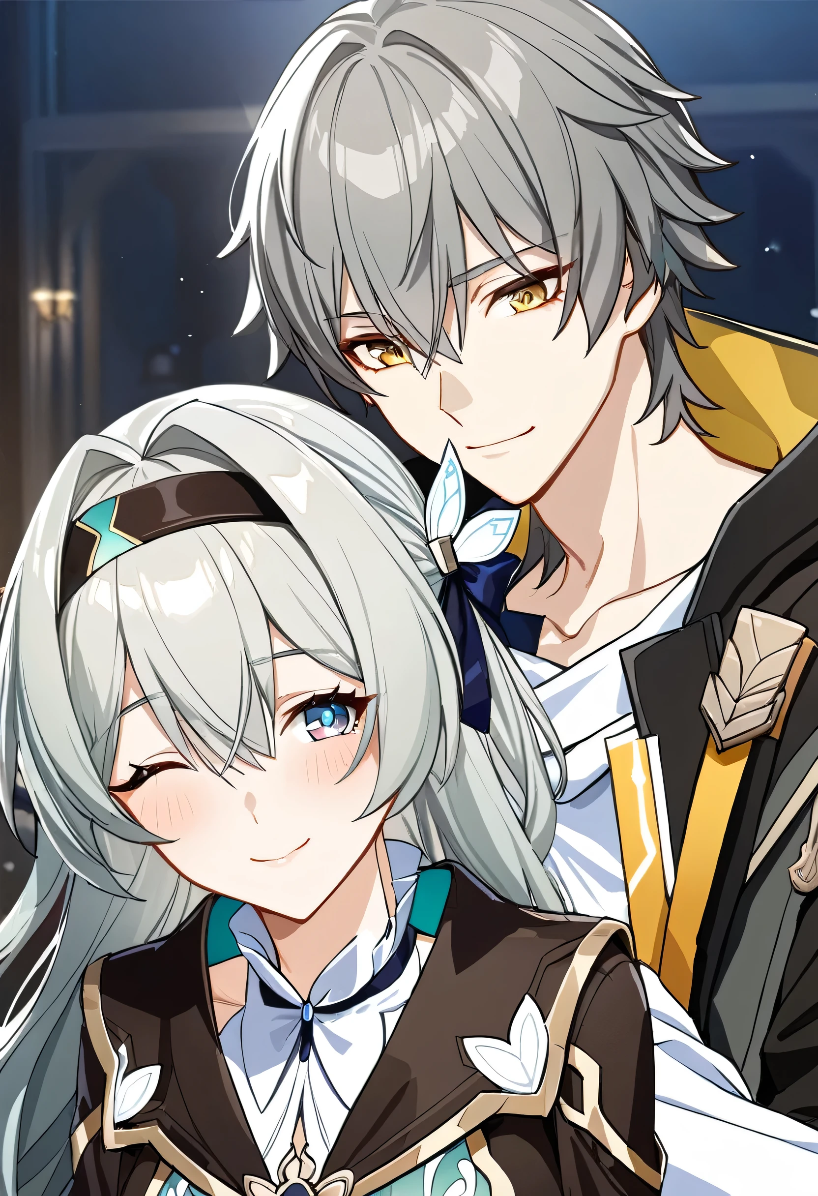 (masterpiece, top quality, best quality, official art, beautiful and aesthetic:1.2),(8k, best quality, masterpiece:1.2), (((masterpiece))),(((best quality))),(((extremely detailed))),illustration, who, (masterpiece, top quality, best quality, official art, beautiful and aesthetic:1.2),(8k, best quality, masterpiece:1.2), masterpiece, best quality, illustration, highres, ultra-detailed, caelus \(honkai: star rail\),commentary request,firefly \(honkai: star rail\), 1girl, 1boy, grey hair, hairband, hug, long hair, smile, jacket, closed eyes, black jacket, shirt, white shirt, blush, gloves, one eye closed, black hairband, hand on another's head, hair between eyes, closed mouth, bow, long sleeves, hair bow, hair intakes, short hair, black gloves, yellow eyes, fingerless gloves, simple background, white background, twitter username, upper body, sidelocks