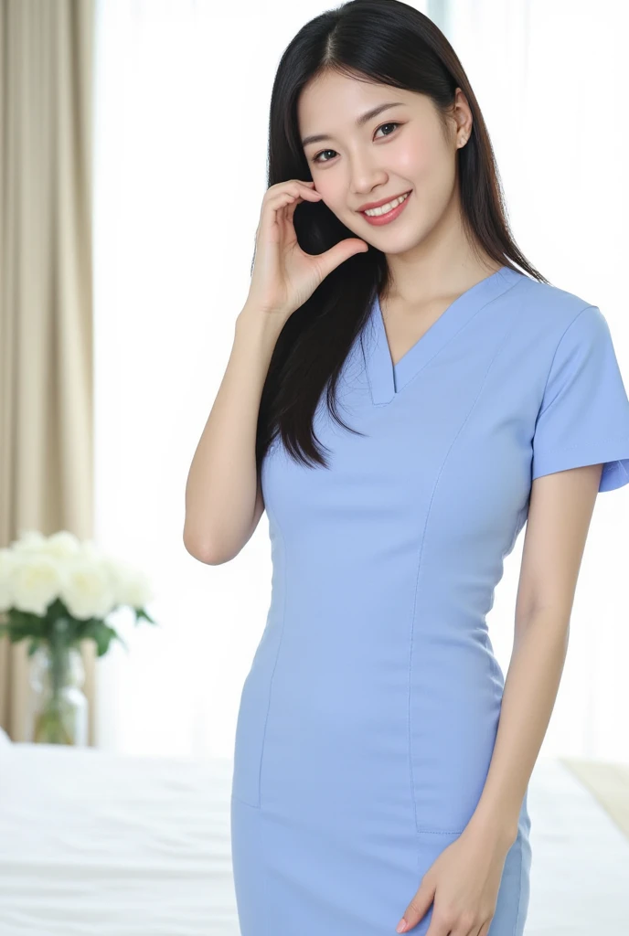 Full-body photo of a stunning Japanese nurse backlit by soft light. She stands in a modern hospital bedroom making a cheekheart, exuding warmth and kindness. She is wearing wearing a fitted nurse dress. Her beautiful face, with delicate features and fair skin, beams at the viewer. Her black hair falls down her back like silk, framing her slim hourglass figure. Medium breasts are perfectly proportioned to her slender physique. Her gaze meets ours, inviting us into her world of care and compassion.