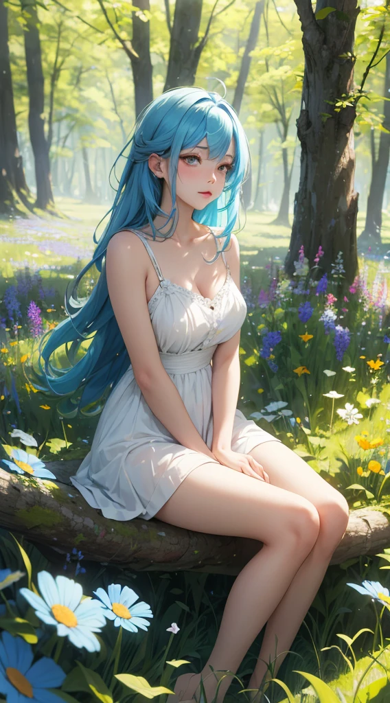 masterpiece, best quality, ultra-detailed, illustration, epic lighting, cinematic composition, 1girl, ceres_fauna, medium breasts, green hair, braid, braided bangs, yellow eyes, cleavage, single braid, antlers, jewelry, anklet, hair flower, multicolored hair, long hair, hair ornament, green flower, streaked hair, earrings, white thighhighs, bow, wide sleeves, leaf, blue dress, horns, cowboy shot, looking at viewer, outdoors, nature, simple background, (8k:1.1)