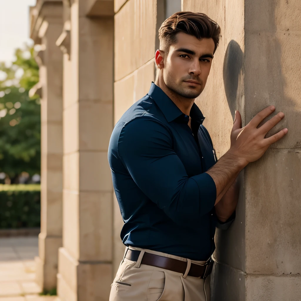 masterpiece, best quality, 1 male, small head, Rectangle face, Muscular body, Spanish, adult, handsome, tall muscular guy, Broad shoulder, big thigh, finely detailed eyes and detailed face, extremely detailed CG unity 8k wallpaper, intricate details, [ wearing formal shirt navy Detailed,( cream pants), (brown Belt), manly, Textured, (( leaning on wall at city park lot flowers )) paris, colorful, artistic, depth of field with Textured, realism, Extremely detailed , Detailed, glow up, (best quality:1.5) film grain (Nighttime ) auto focus, (detailed skin),cinematic photo,ambient, ultra camera, Very Amazing picture, (Wide shoot), amazing pose, auto focus, stunning, dream light, soft light , soft colour, High quality, bokeh effect, Real picture, Modern, Attractive pose , skin detailed pores, big guy, 8k, 4k, best quality, retrato ultra quality, Perfect proportion anatomy, Pores skin , glow up , wide shoot Mode