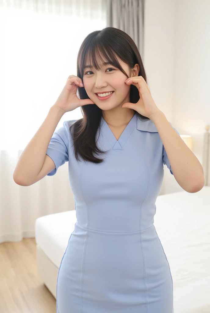 Full-body photo of a stunning Japanese nurse backlit by soft light. She stands in a modern hospital bedroom making a cheekheart, exuding warmth and kindness. She is wearing wearing a fitted nurse dress. Her beautiful face, with delicate features and fair skin, beams at the viewer. Her black hair falls down her back like silk, framing her slim hourglass figure. Medium breasts are perfectly proportioned to her slender physique. Her gaze meets ours, inviting us into her world of care and compassion.